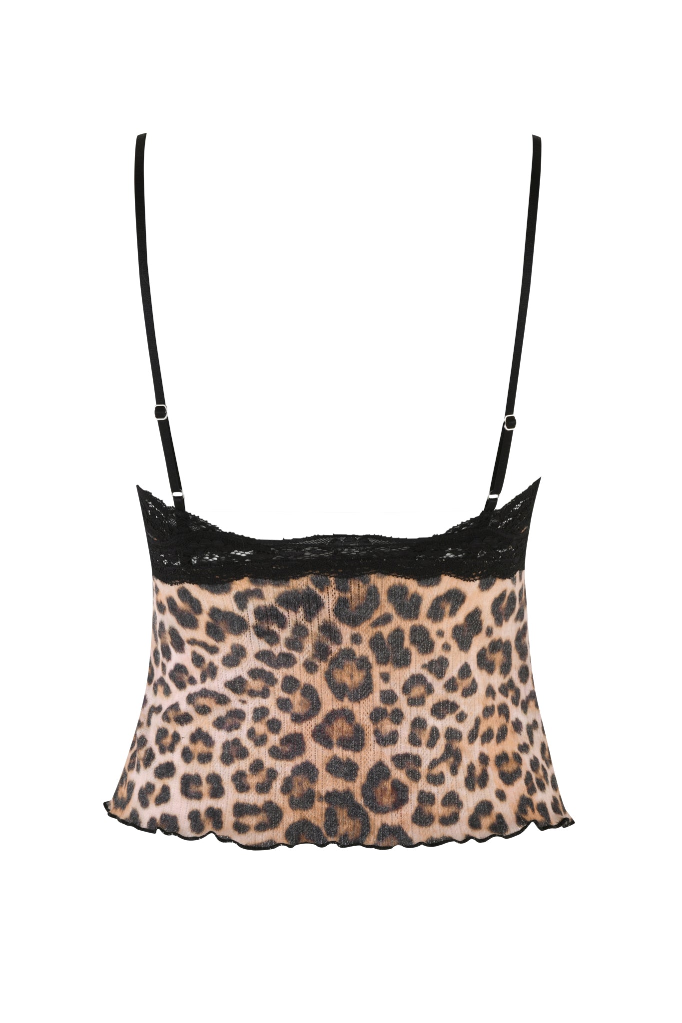 The image showcases the I.AM.GIA CASSIA TOP - NEUTRAL : LEOPARD, featuring slender adjustable black straps and an elegant black lace trim at the neckline. This custom leopard print camisole has a slightly flared hem with wavy edge detail and is crafted from light, breathable fabric.