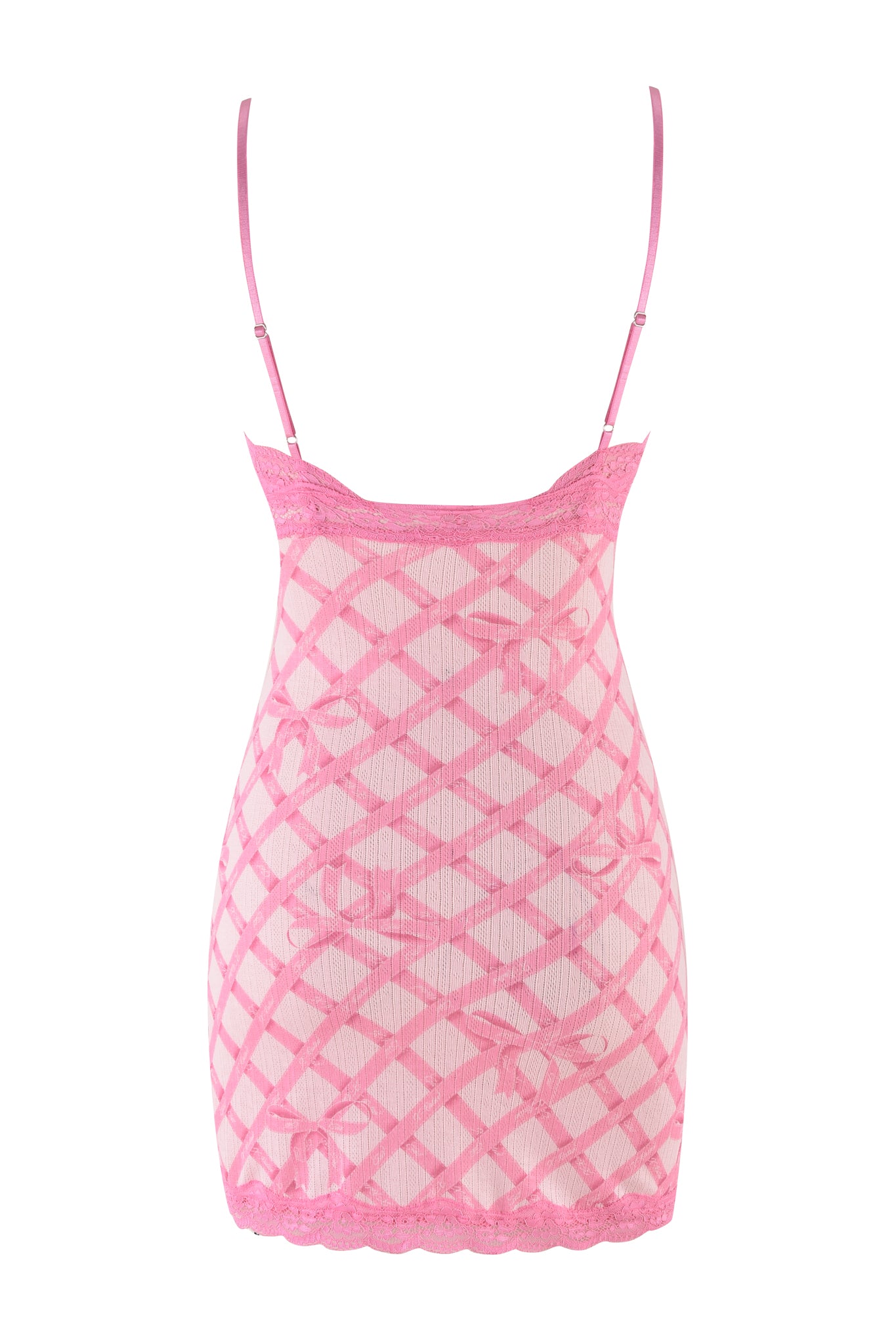The CASSIA SLIP DRESS - PINK from I.AM.GIA features spaghetti straps, a diamond-patterned lace design, and scalloped hems for a subtle bodycon fit.