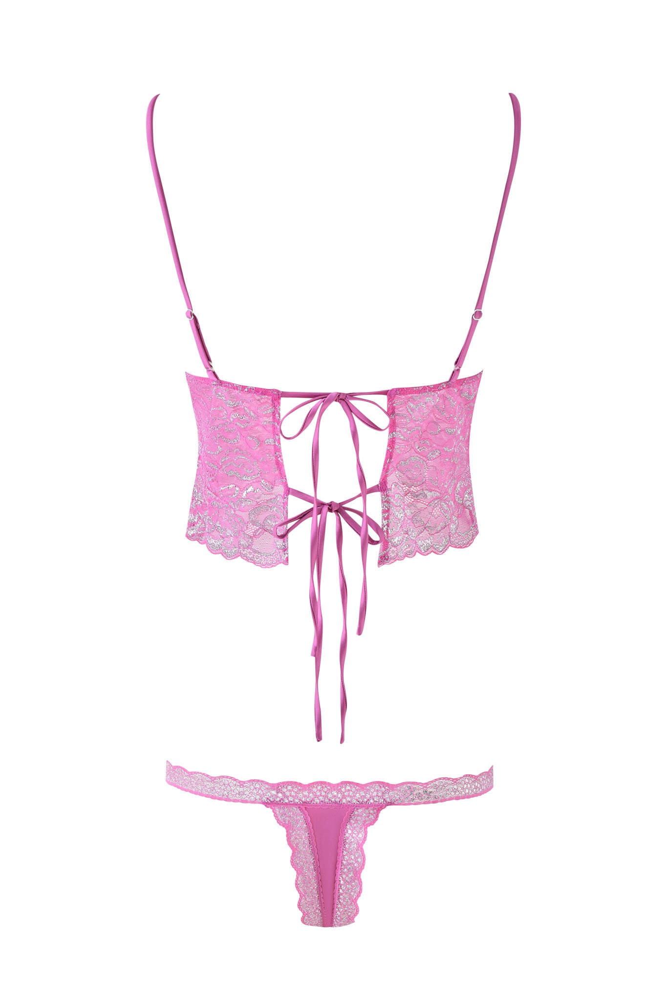 The LOLO METALLIC SET - MAGENTA by I.AM.GIA features a pink lingerie set with adjustable straps, ribbon ties at the back, and a matching low-rise thong, all adorned with elegant magenta metallic lace detailing.