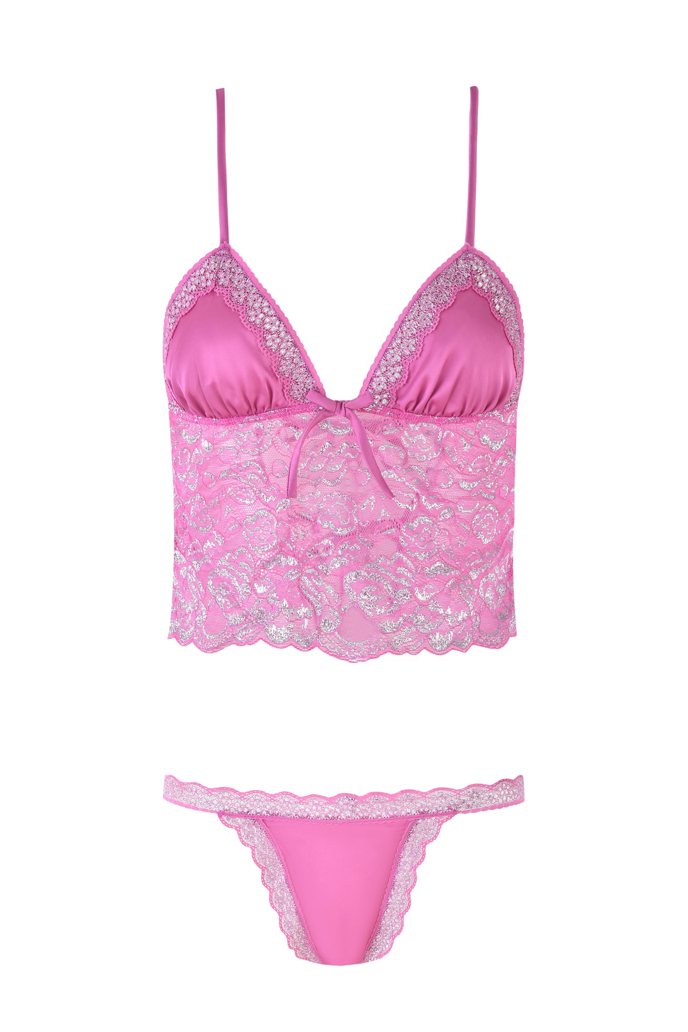 The LOLO METALLIC SET - MAGENTA by I.AM.GIA features a pink camisole with adjustable straps and magenta metallic lace detail, paired with matching low-rise thong panties, against a plain white backdrop.