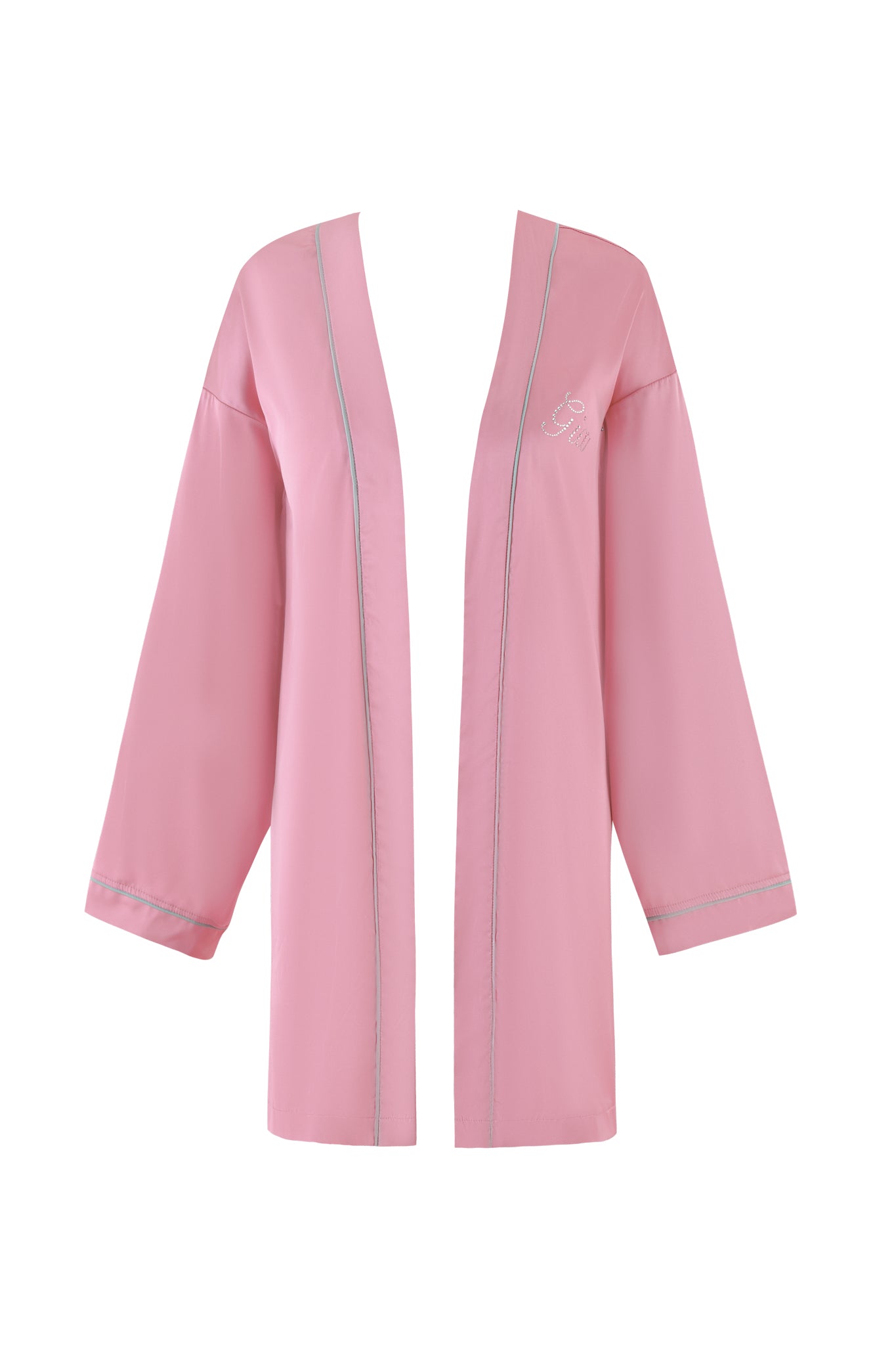 The MARTINA SLEEP ROBE by I.AM.GIA features a pink open-front design with gray trim and an embroidered crest on the left side. Long, slightly loose sleeves provide a relaxed fit, while its minimalist design enhances simplicity. The invisible mannequin emphasizes the garment's structure, showcasing its custom 'GIA' diamante elegance.