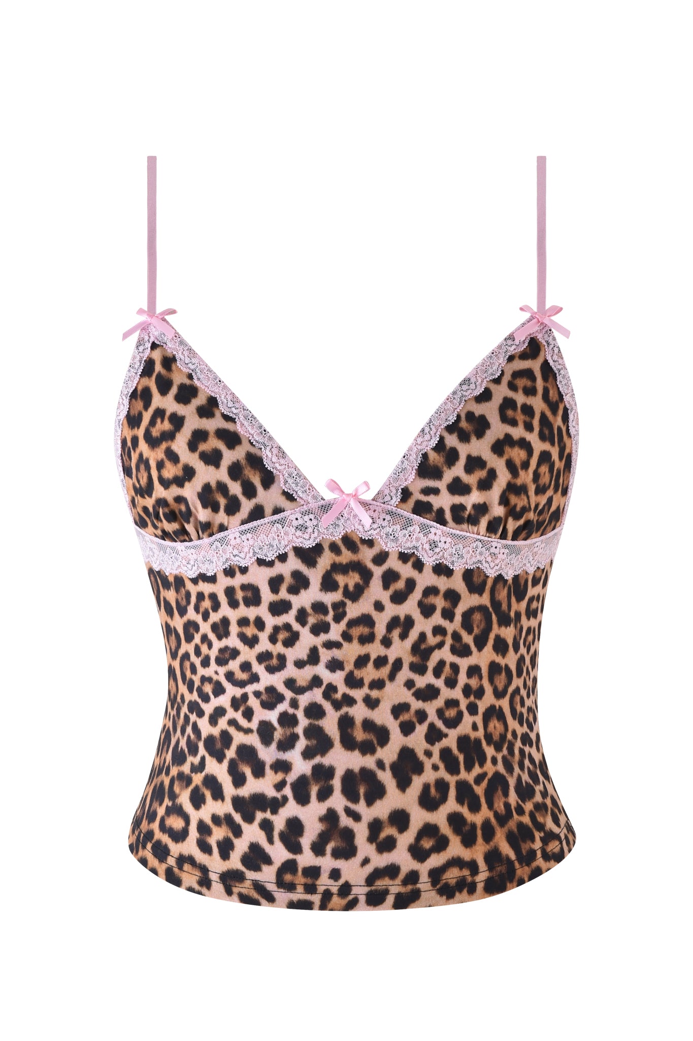 The I.AM.GIA KENDRA TANK in Neutral Leopard features a leopard print design, adjustable shoulder straps, lace trim, and small pink bows at the straps and center.