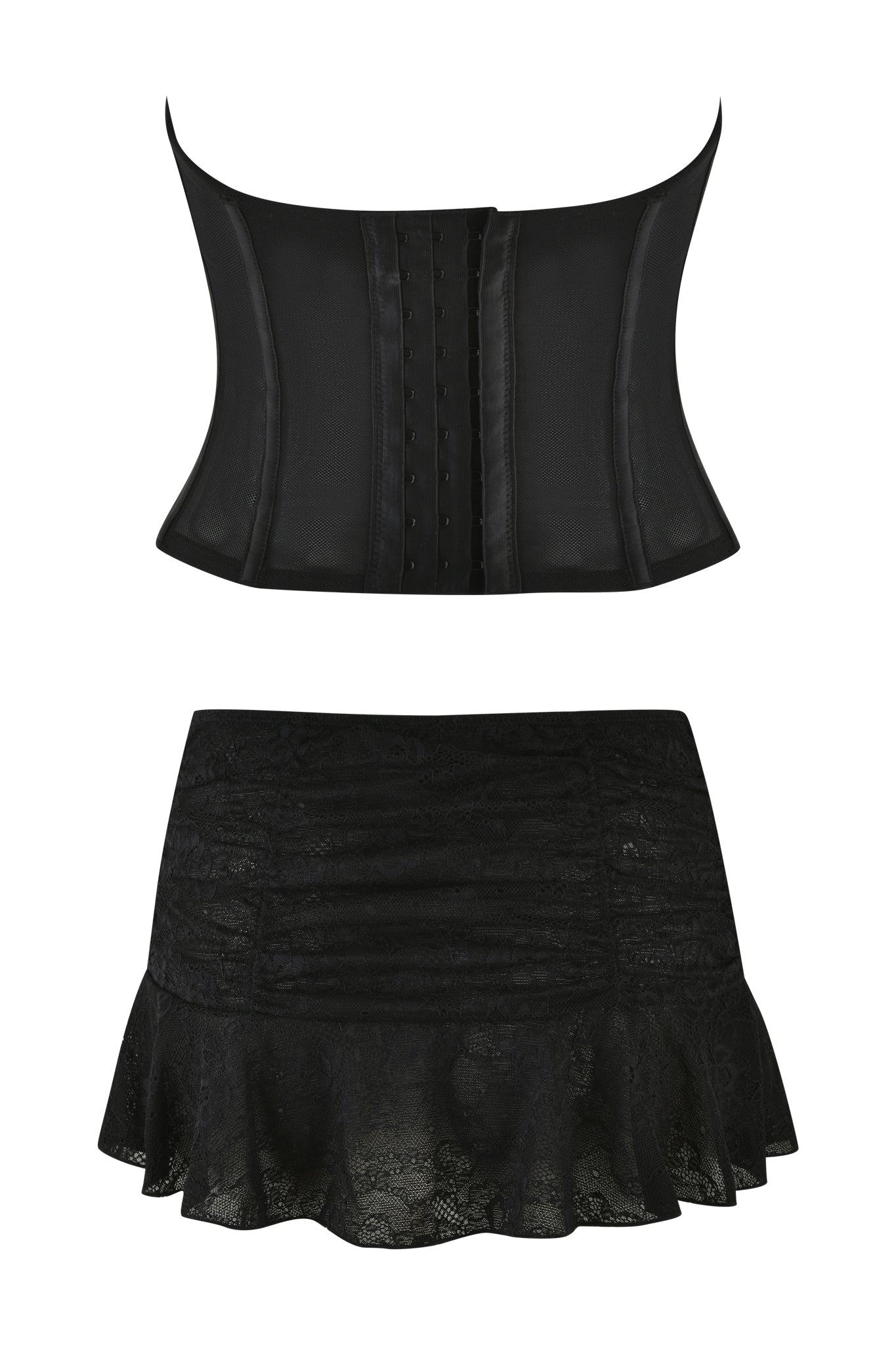 The ANNA BUSTIER SET - BLACK by I.AM.GIA includes a strapless lace bustier with corset detailing and a micro mini skirt featuring a ruffled hem.