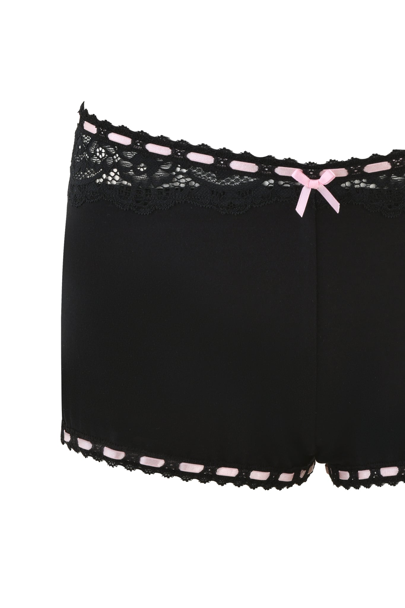 The DESTINY 2 PIECE SET - BLACK by I.AM.GIA includes a pair of black shorts adorned with vintage-inspired lace trim, a pink ribbon bow at the waistband, and delicate pink threading details along the edges.