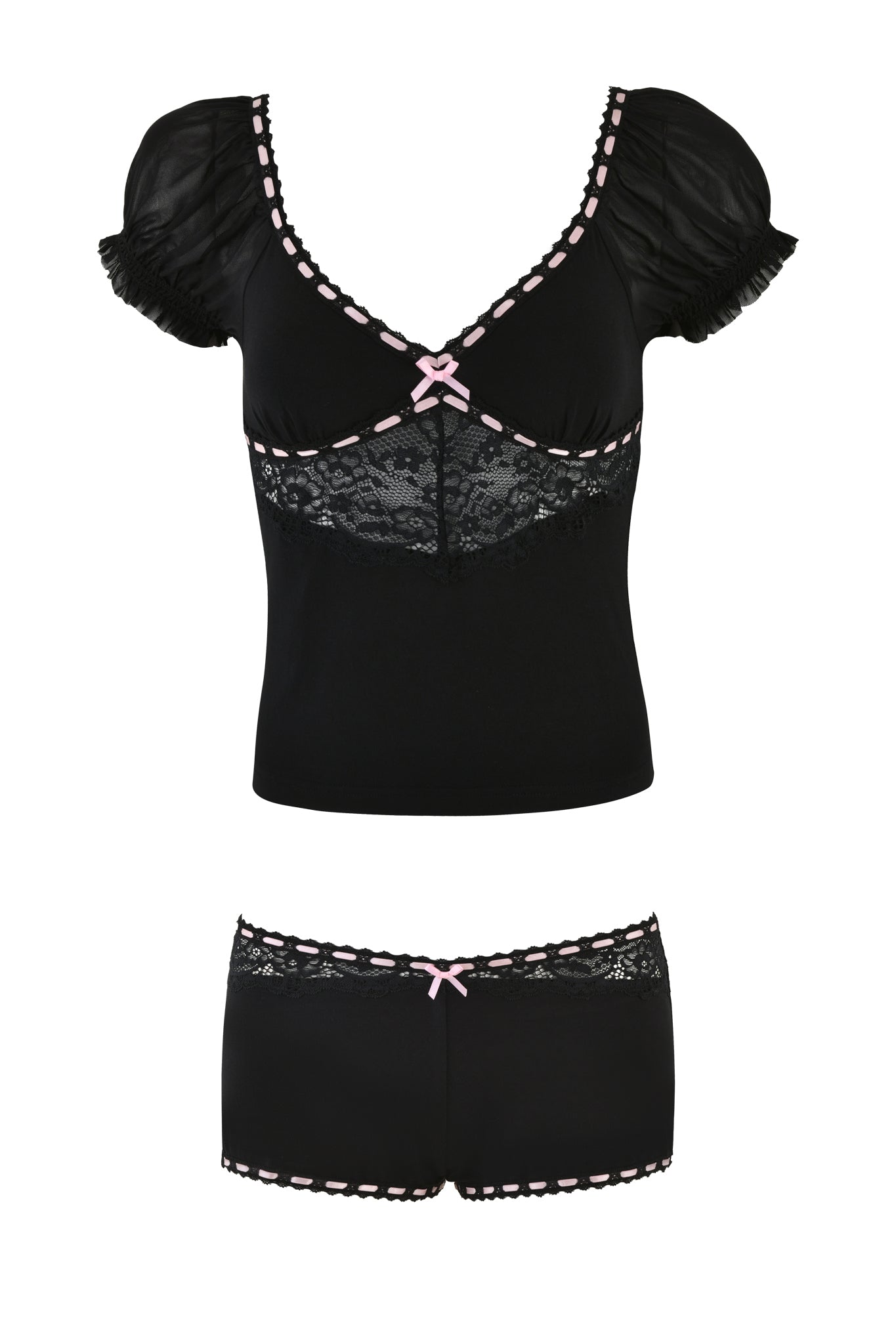 Introducing the DESTINY 2 PIECE SET - BLACK by I.AM.GIA, a vintage-inspired sleep set. This elegant black lingerie includes a top with sheer puff sleeves and lace detailing, highlighted by pink ribbon accents. The matching shorts feature lace trim and pink ribbon embellishments, making it perfect for those who appreciate timeless styles.
