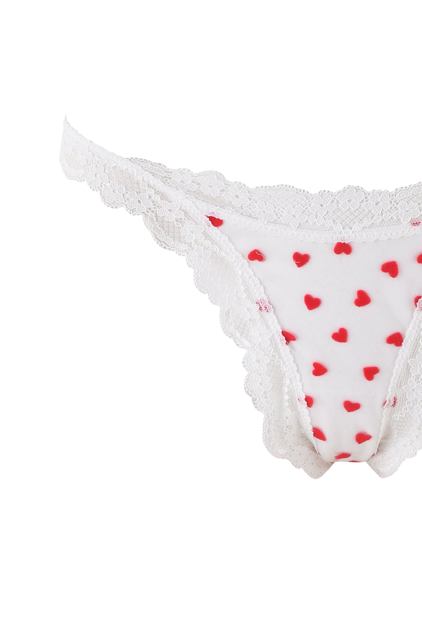 The PAMELA SET - WHITE : HEARTBEAT by I.AM.GIA includes white lace-trimmed panties with red heart designs and playful heart flocked tulle accents.