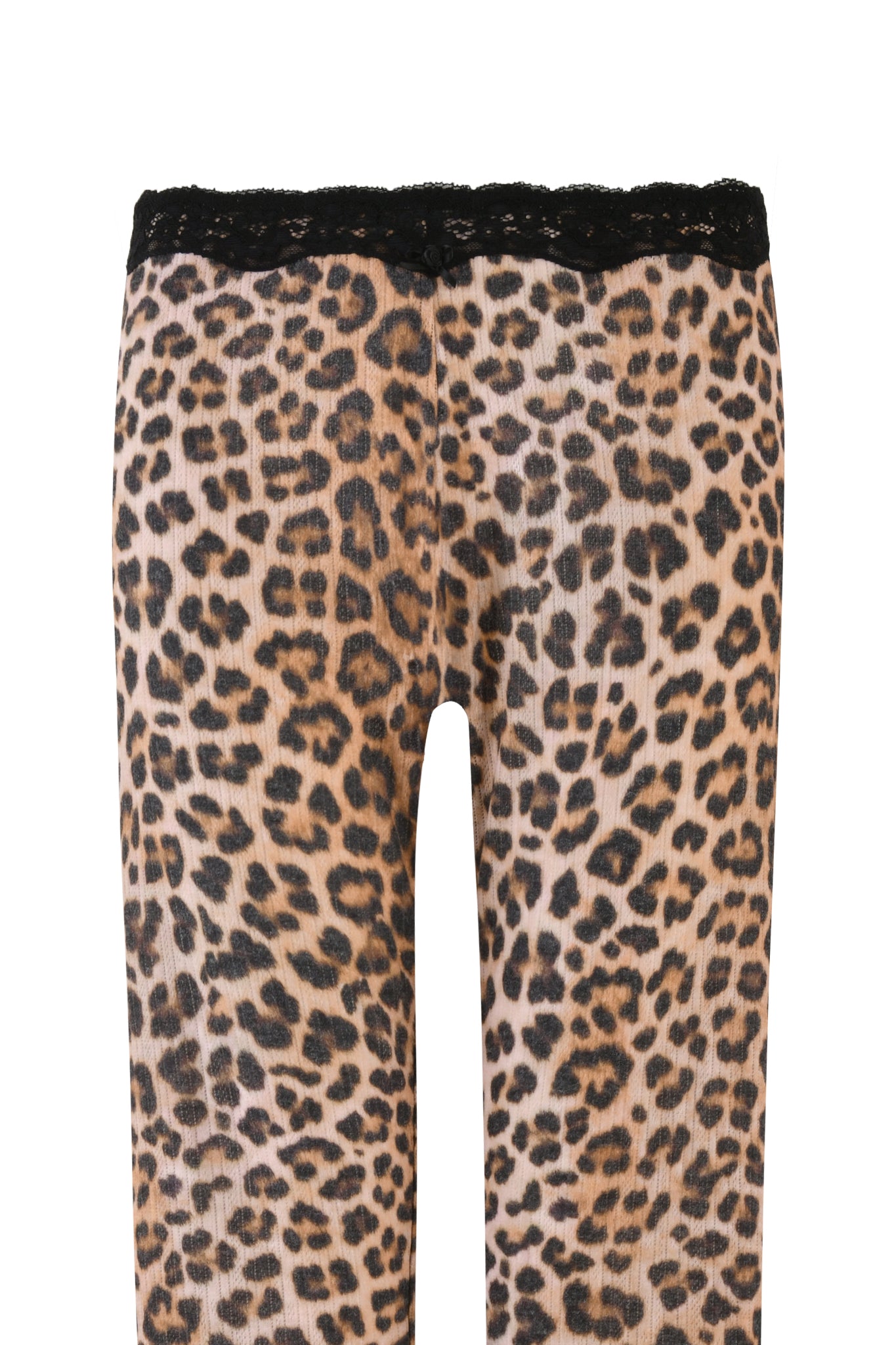 A close-up image of the I.AM.GIA CASSIA PANT - NEUTRAL : LEOPARD showcasing a distinctive leopard print pattern with black and brown spots. The waistband is elegantly accented with delicate black lace trims, and the fabric appears lightweight and slightly sheer.