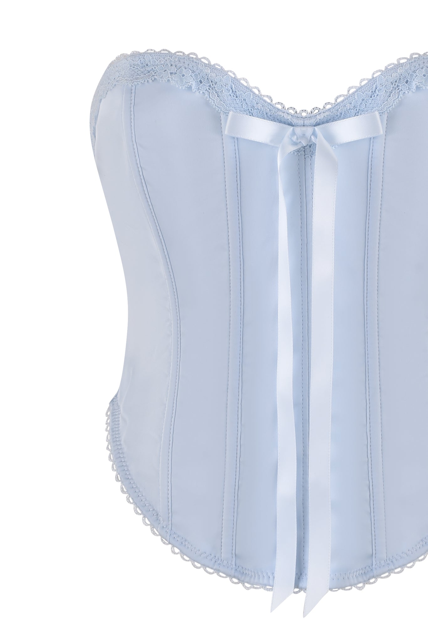 The BRIDGET BUSTIER SHORT SET in blue by I.AM.GIA features an elegant vintage-inspired design with a satin bow. It includes vertical seams, lace trim, and delicate stretch lace accents for a classic, feminine look.