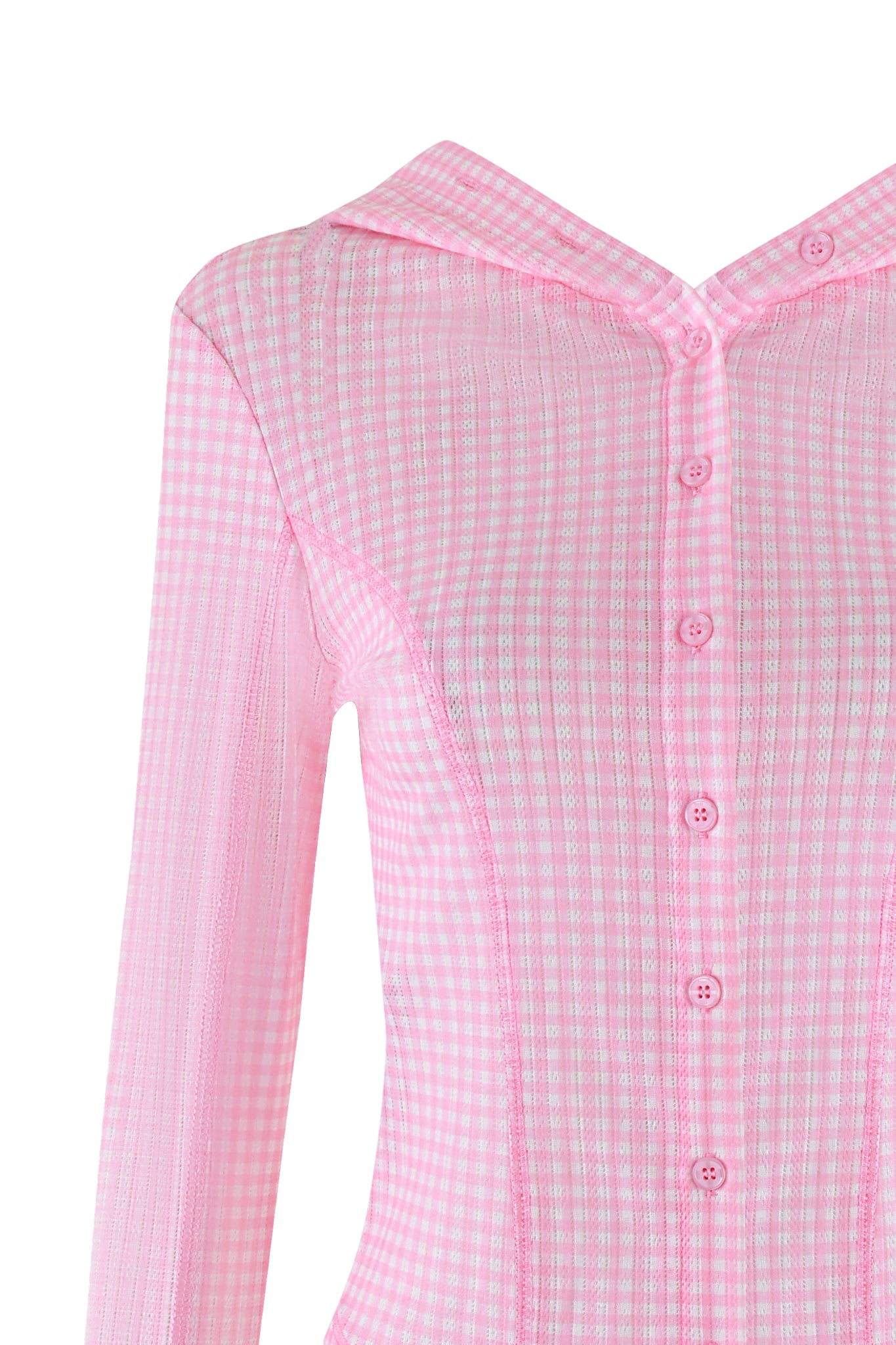 Close-up of the MIA HOODIE - PINK by I.AM.GIA, featuring a baby pink gingham pattern with sheer fabric and a classic collar for a modern touch.