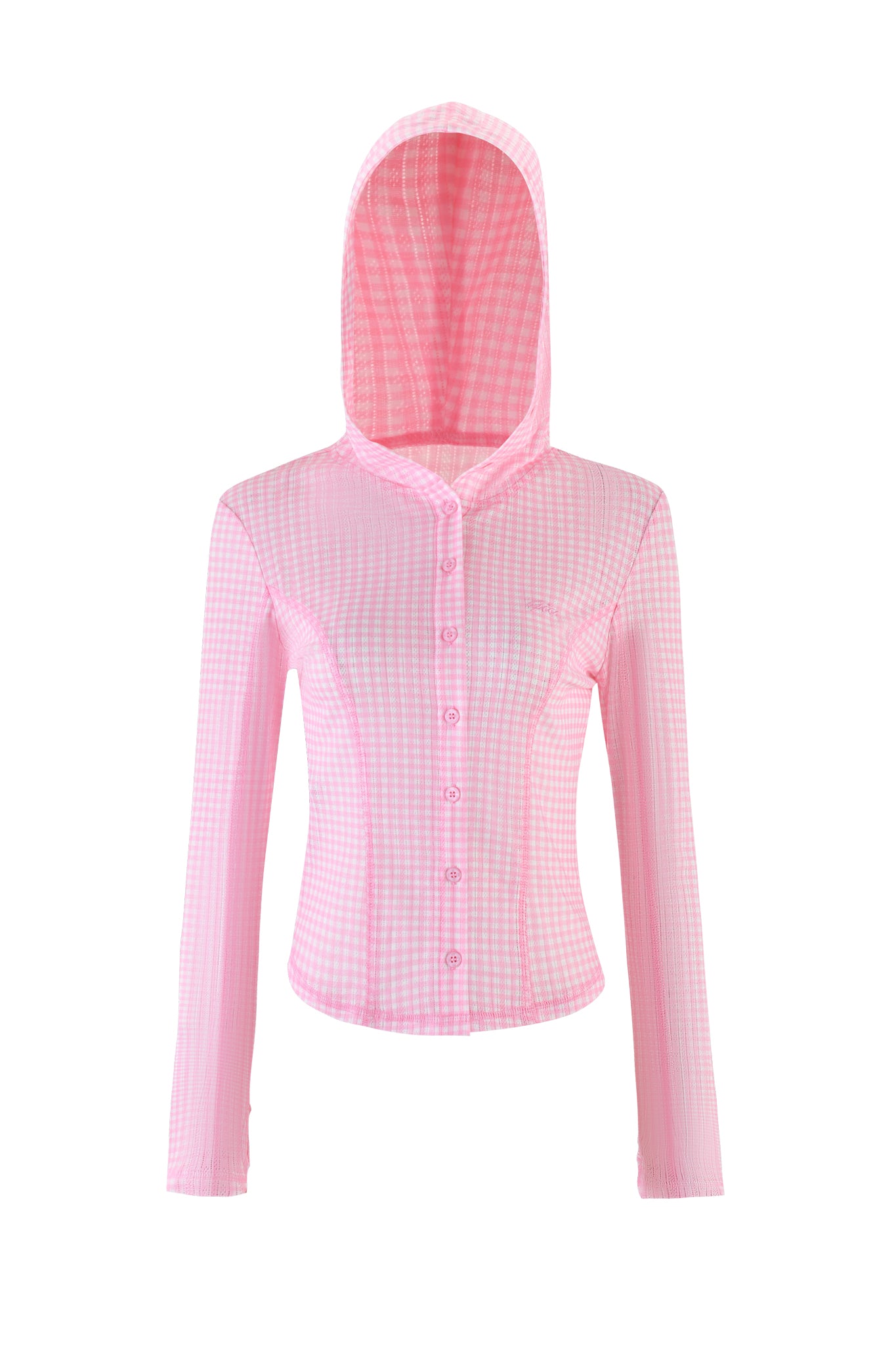 Introducing the I.AM.GIA Mia Hoodie in Pink Gingham: a baby pink gingham checkered hooded shirt with long sleeves and front buttons, beautifully showcased on a white background.