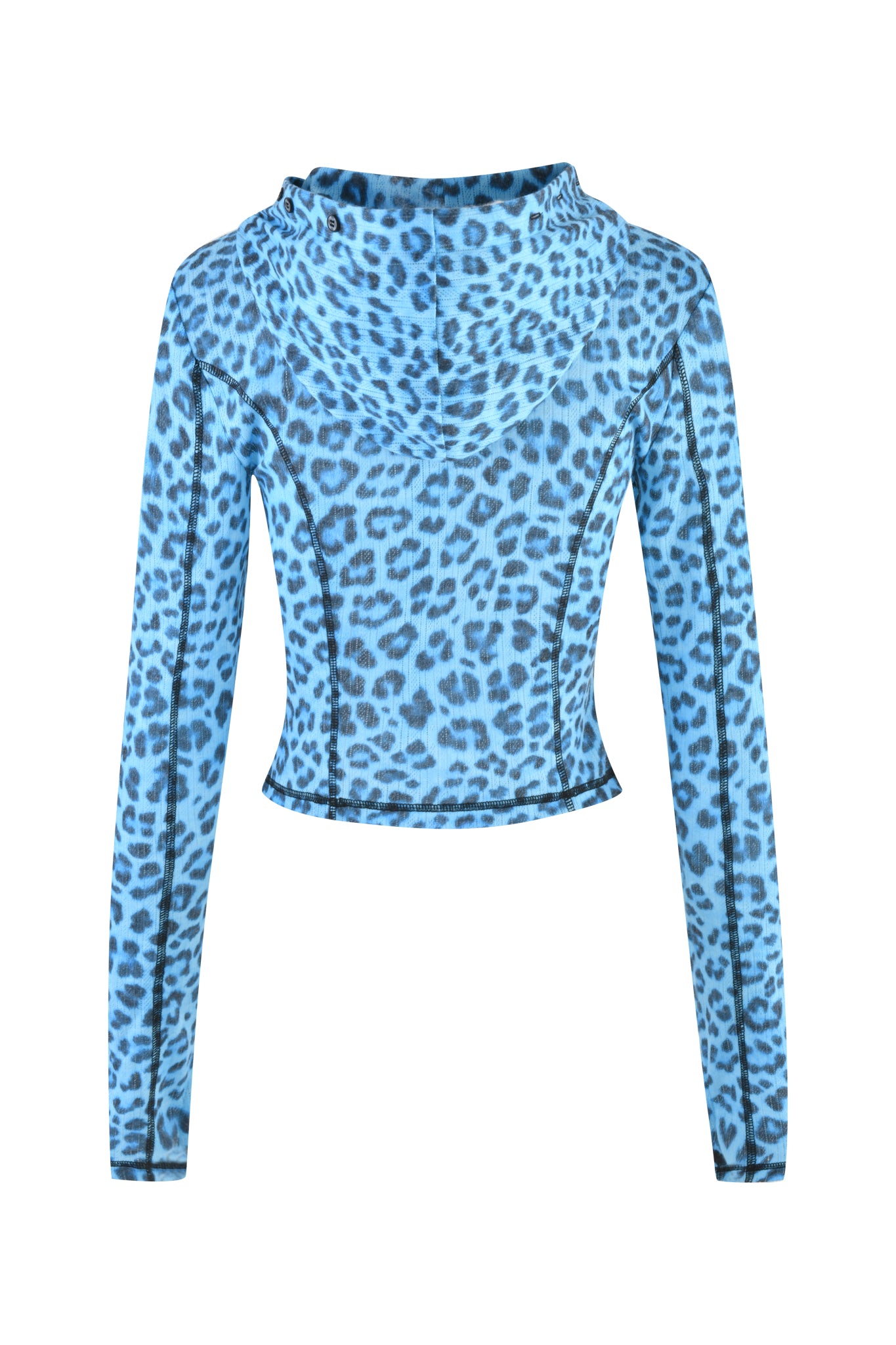 The MIA HOODIE - TEAL LEOPARD by I.AM.GIA features a teal leopard print, shown from the back with the hood up and black seams highlighting its fitted, long-sleeve silhouette.