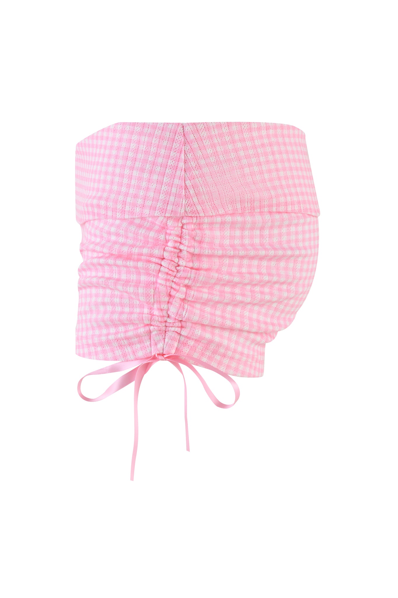 The MIA SHORT - PINK by I.AM.GIA features a baby pink gingham design with pleats and back ruching that create a bodycon silhouette. It includes a tie-string detail at the bottom for an adjustable fit.