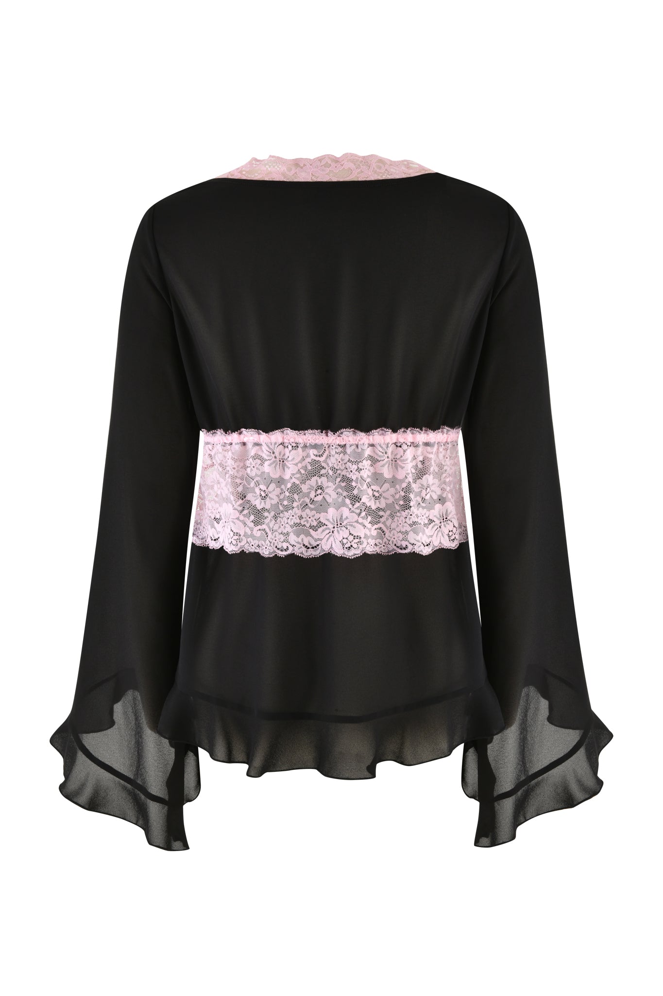 Introducing the JUNIPER ROBE THREE-PIECE SET - BLACK by I.AM.GIA: a stylish black, long-sleeve blouse with flared cuffs and contrasting pink lace at the waist. It features exquisite lace detailing at the neckline and hem, crafted from a sheer, lightweight fabric that coordinates beautifully with the matching three-piece set.