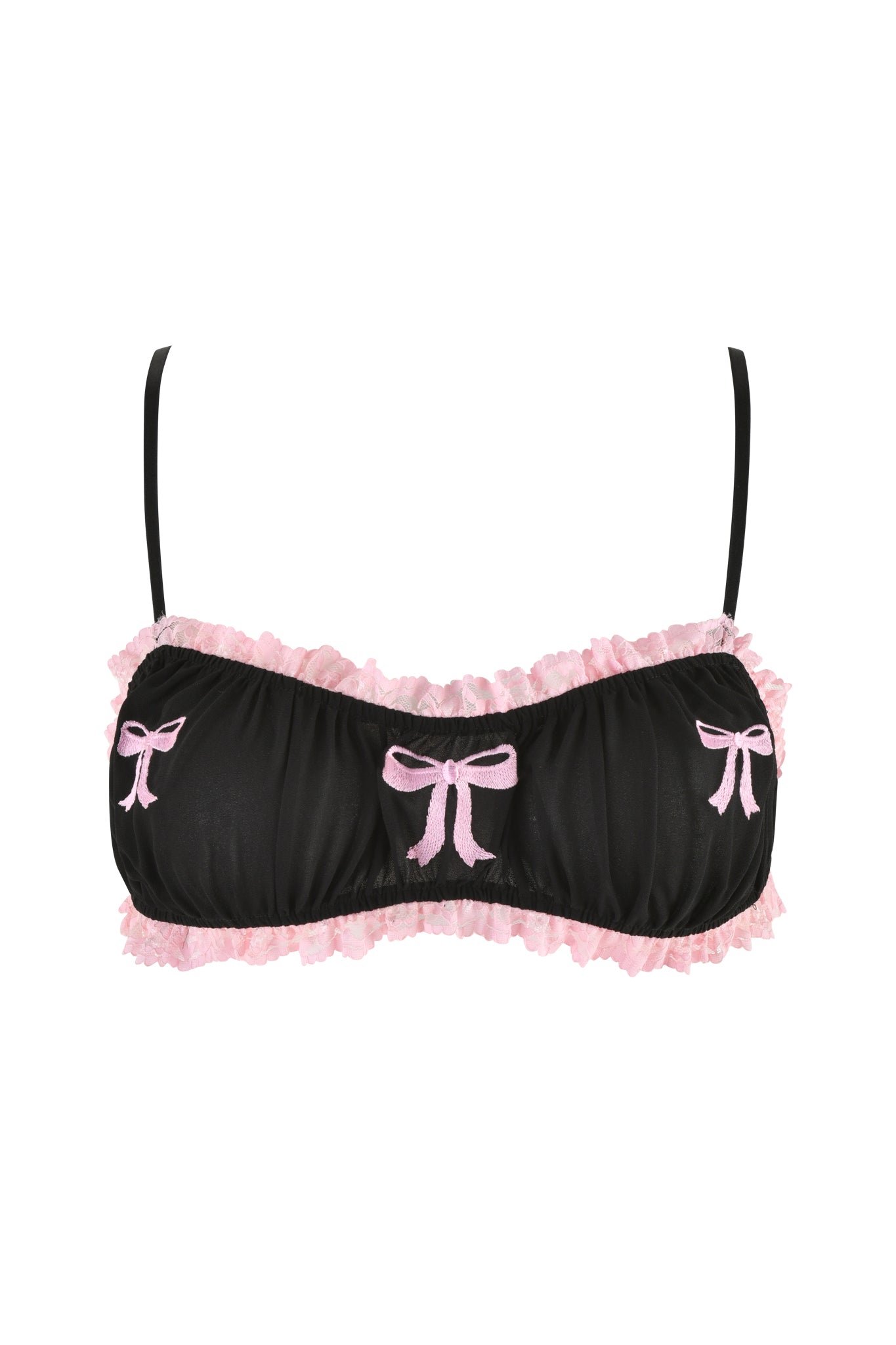 The JUNIPER ROBE THREE-PIECE SET - BLACK by I.AM.GIA features a feminine black bralette with pink ruffle trim, contrasting pink lace, and bow accents on the front. With thin black straps and a pull-on construction, it combines style and convenience. Pair it with the matching set for a complete look.