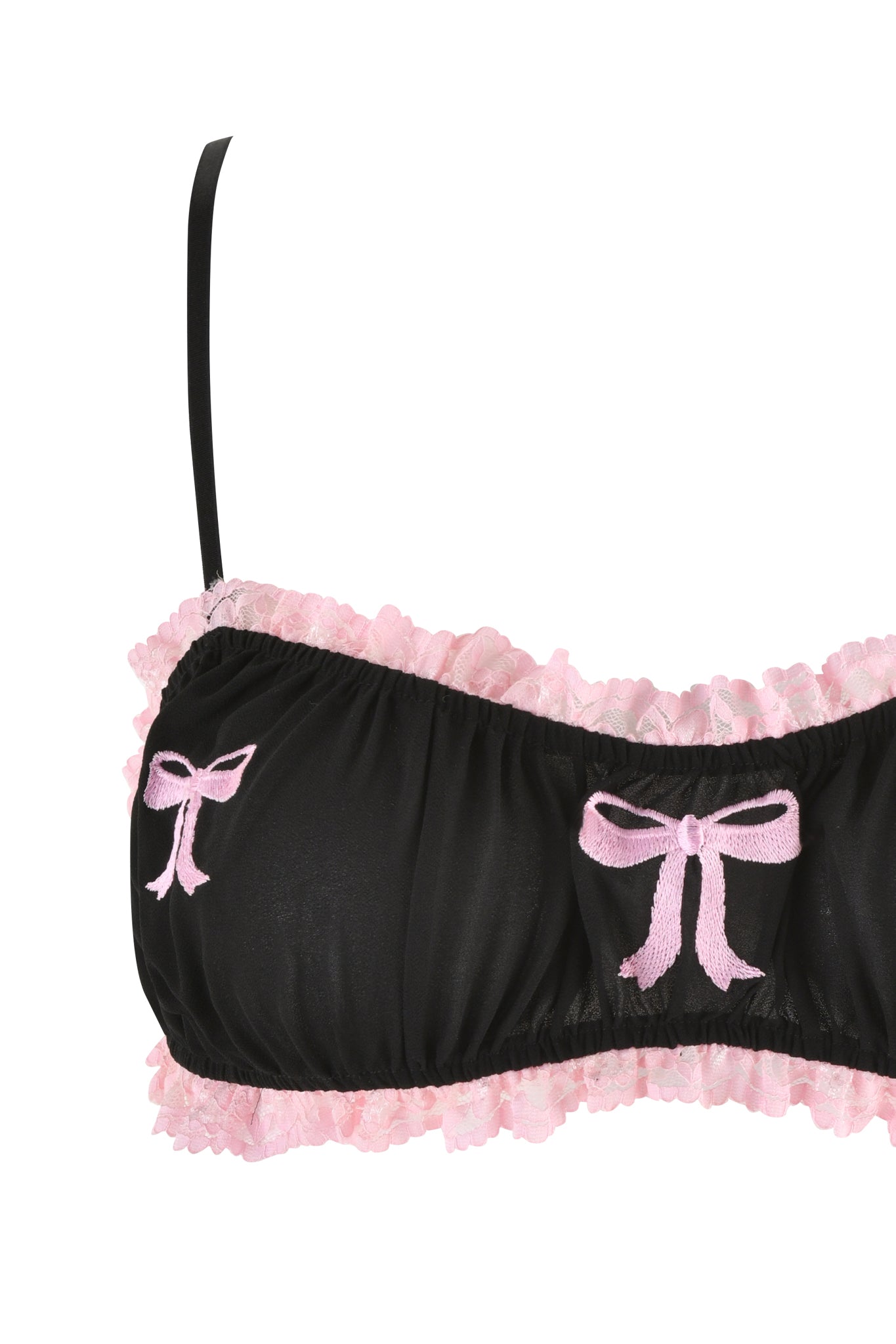 Introducing the JUNIPER ROBE THREE-PIECE SET by I.AM.GIA, featuring a black bra adorned with contrasting pink lace trim and charming pink bow accents on the front. It boasts thin black straps and is designed as an easy pull-on style with a frilly, decorative flair.