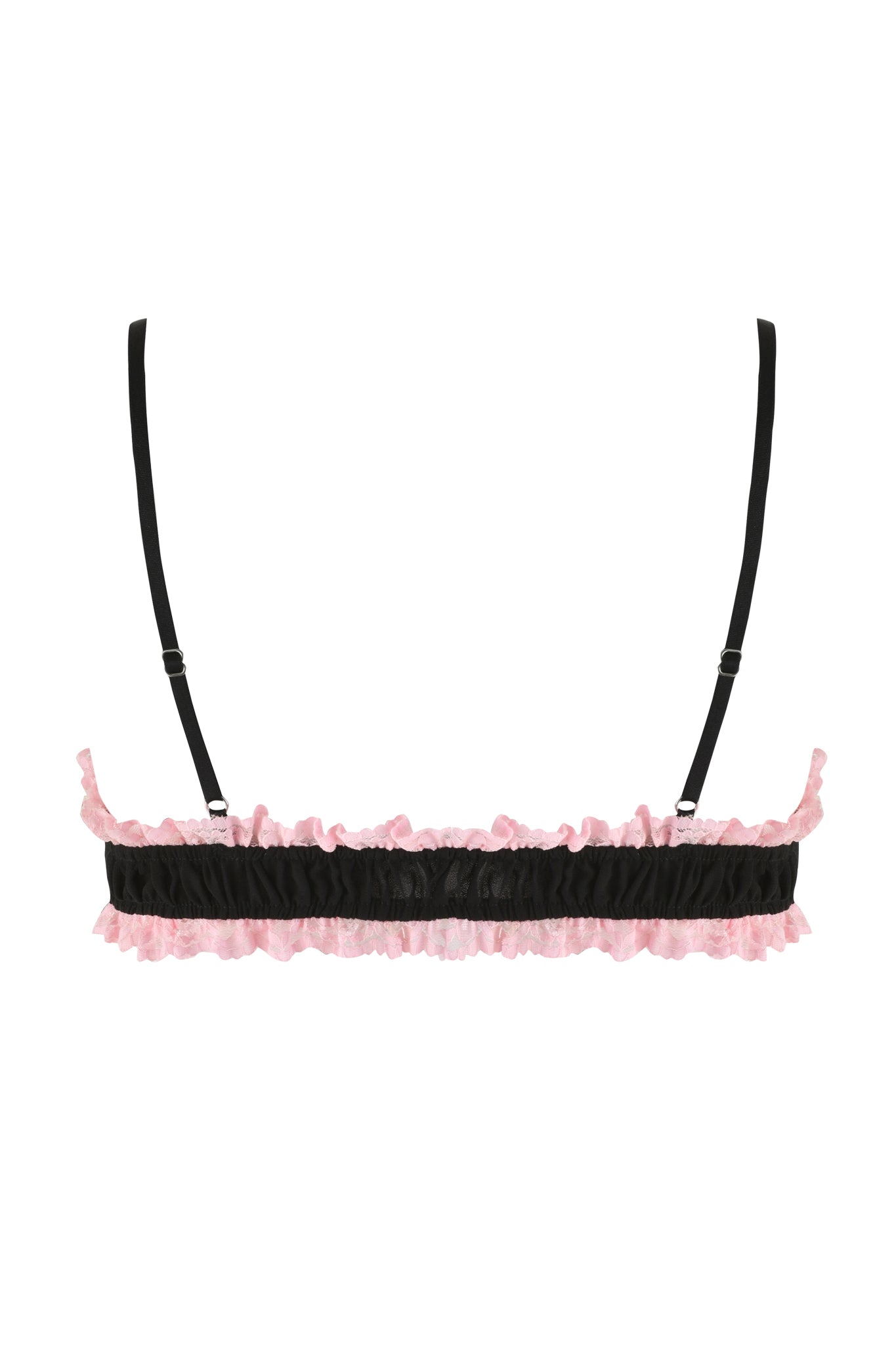 The JUNIPER ROBE THREE-PIECE SET - BLACK from I.AM.GIA includes a bra with thin black straps and a decorative band adorned with contrast pink lace trim. Its pull-on design accentuates a feminine and delicate look, making it ideal as part of this cohesive black set.