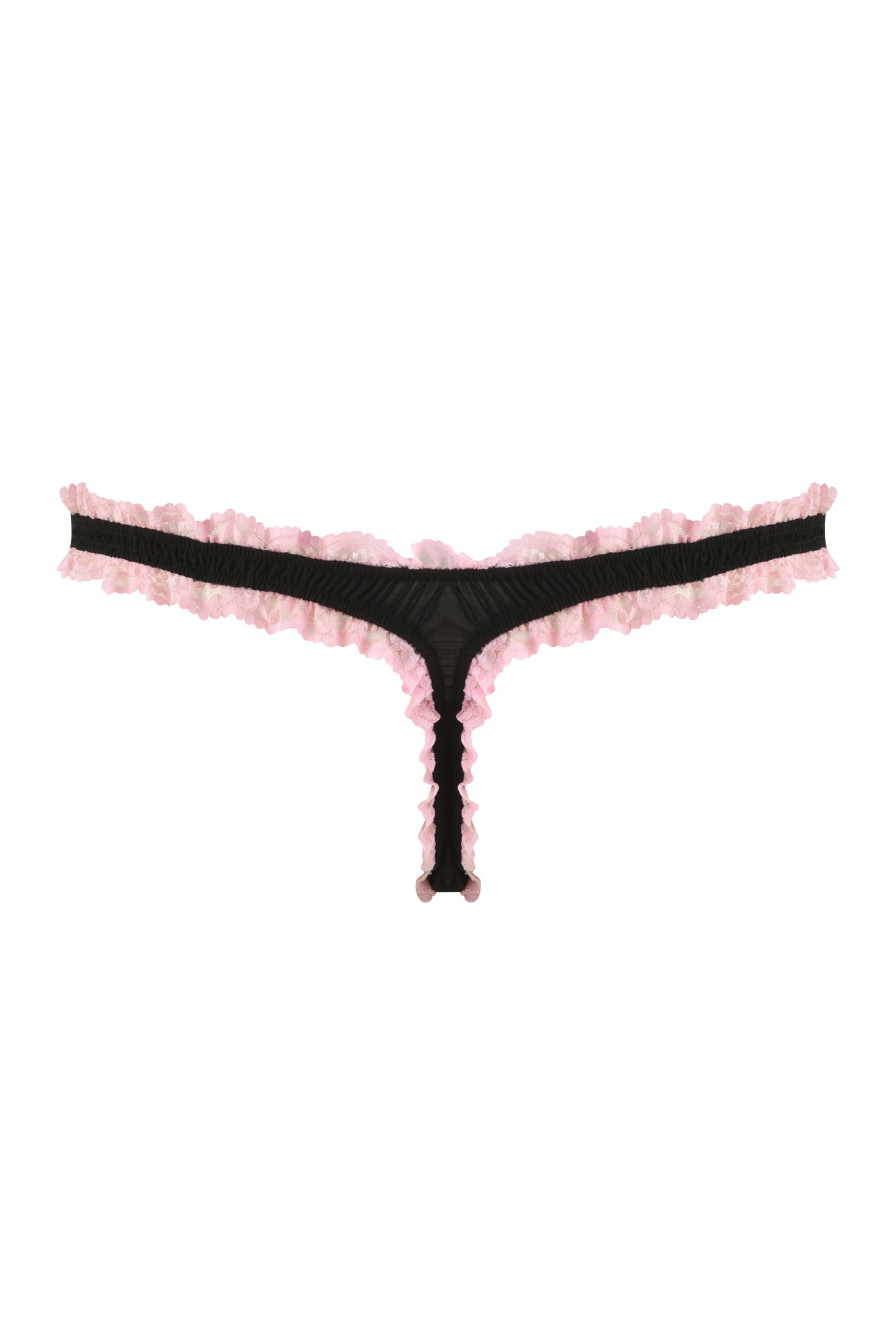 A delicate and feminine black and pink lace thong from I.AM.GIA's JUNIPER ROBE THREE-PIECE SET features a frilly waistband, contrast pink lace edges, and a pull-on construction, beautifully isolated on a white background.
