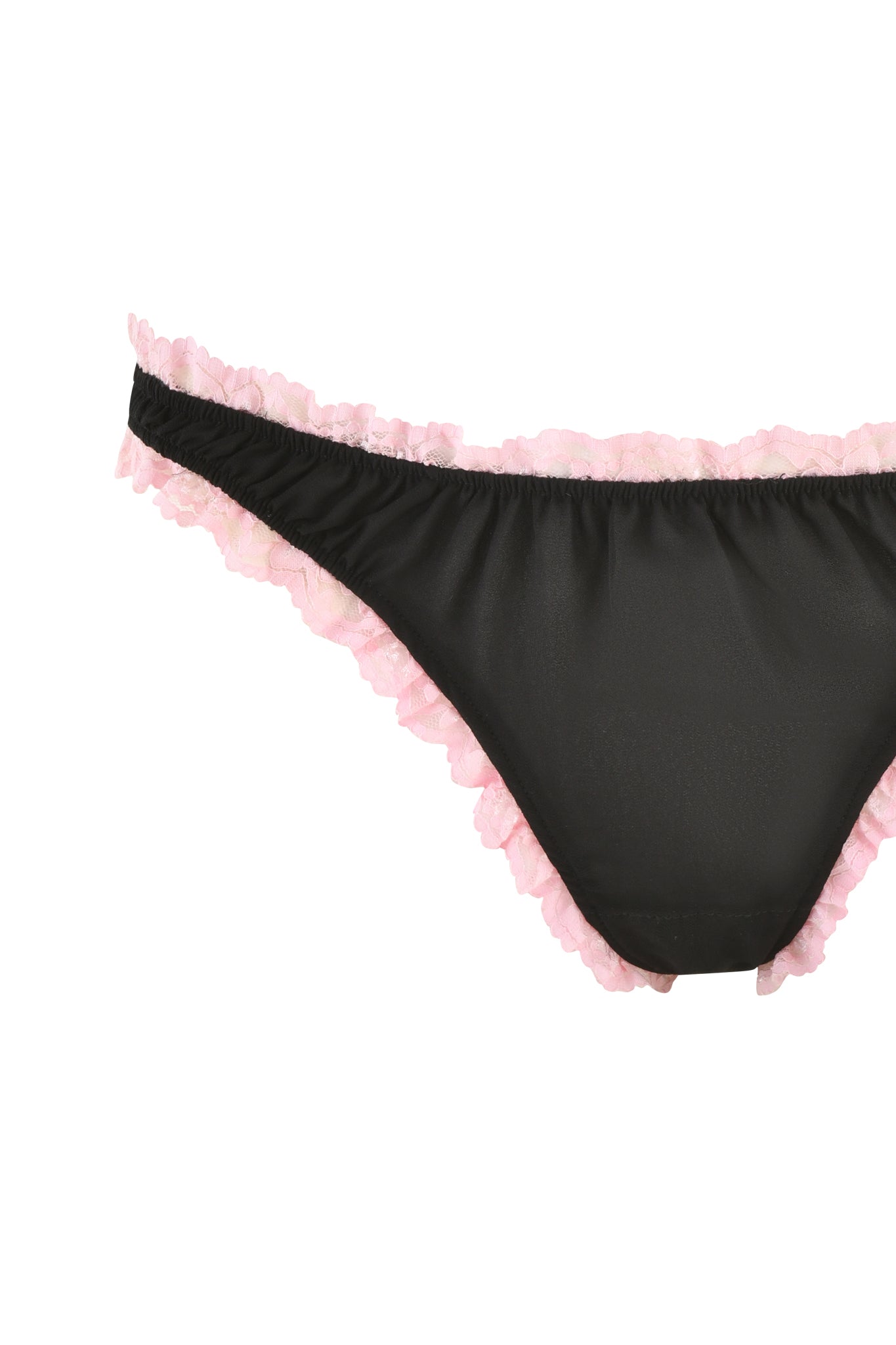 The JUNIPER ROBE THREE-PIECE SET - BLACK by I.AM.GIA features black bikini bottoms adorned with a playful pink ruffled trim.