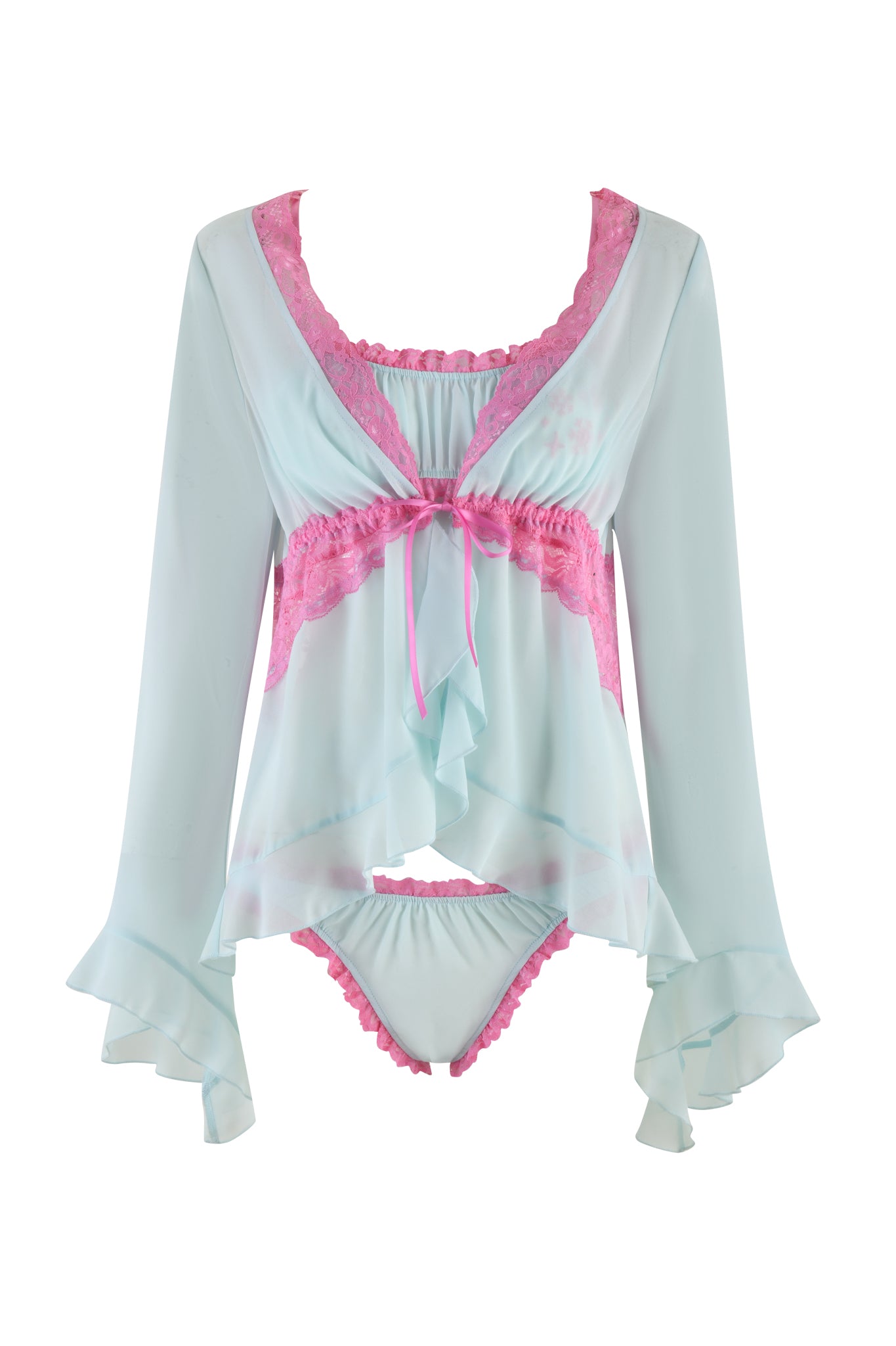 The I.AM.GIA JUNIPER ROBE THREE-PIECE SET in mint green includes a beautiful light blue lingerie ensemble with pink lace accents. It features a flowing long-sleeved top adorned with ruffled cuffs and a tie-front detail, paired with a matching bikini-style bottom and an adjustable bralette for added comfort.