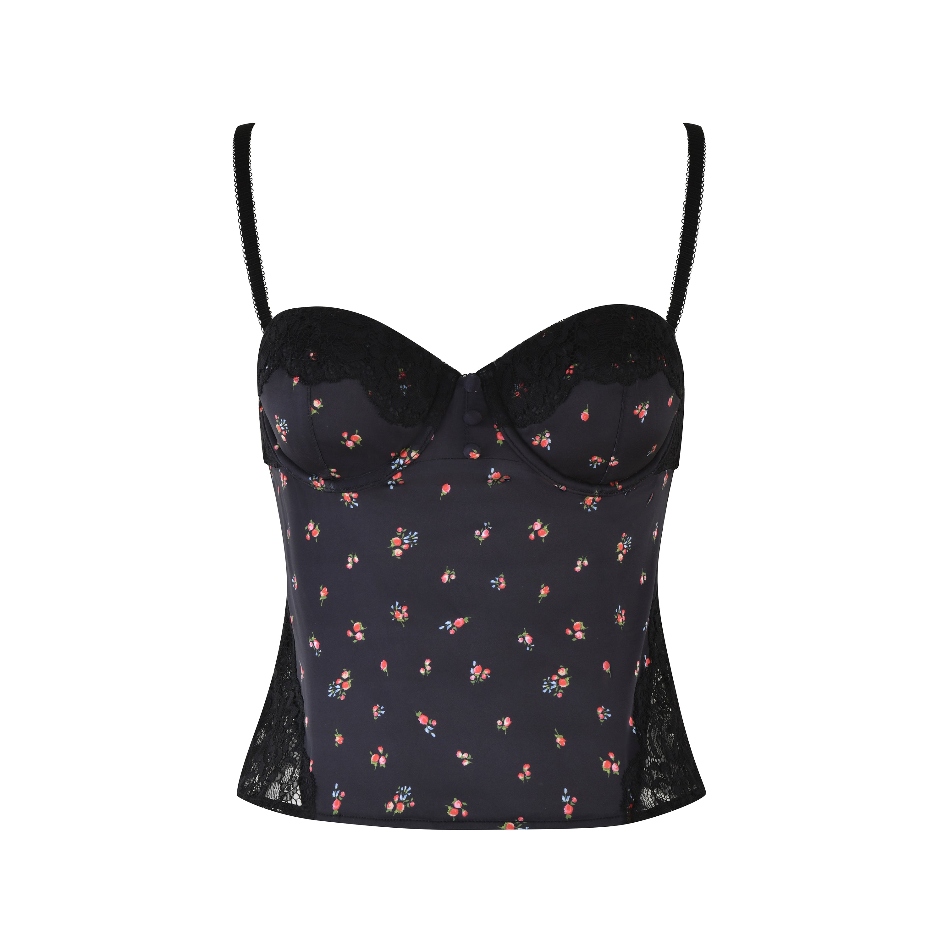 The I.AM.GIA Luella Cami Top in Black : Ditsy Floral features a vintage-inspired design with a sweetheart neckline, lace sides, structured cups, thin shoulder straps, and a colorful floral pattern.