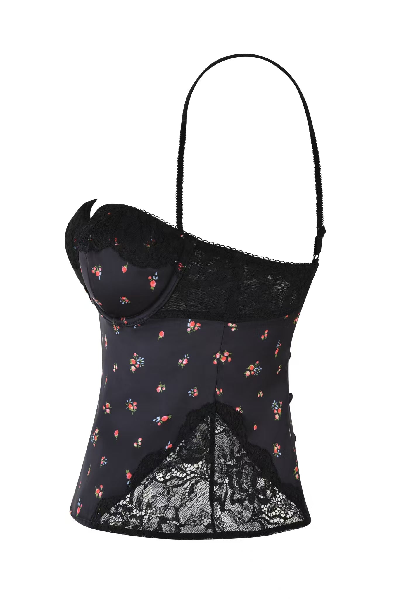 The LUELLA CAMI TOP - BLACK : DITSY FLORAL by I.AM.GIA is a vintage-inspired bustier with a sweetheart neckline, featuring adjustable thin straps, small multicolored floral ditsy print, and elegant black lace accents on the top and bottom edges.