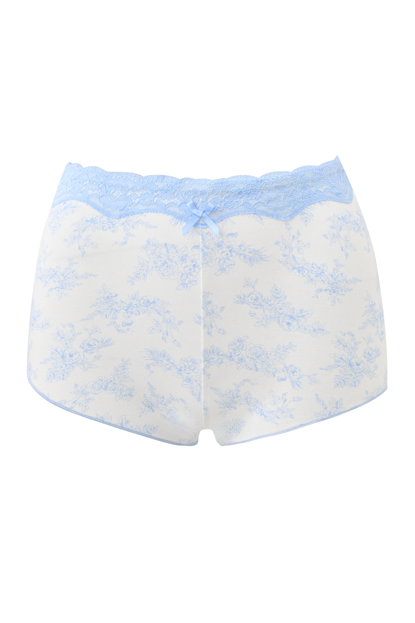 The CASSIA SHORT - BLUE TOILE by I.AM.GIA is white women’s underwear featuring a light blue toile floral print, blue lace waistband, and a small blue bow at the center front.