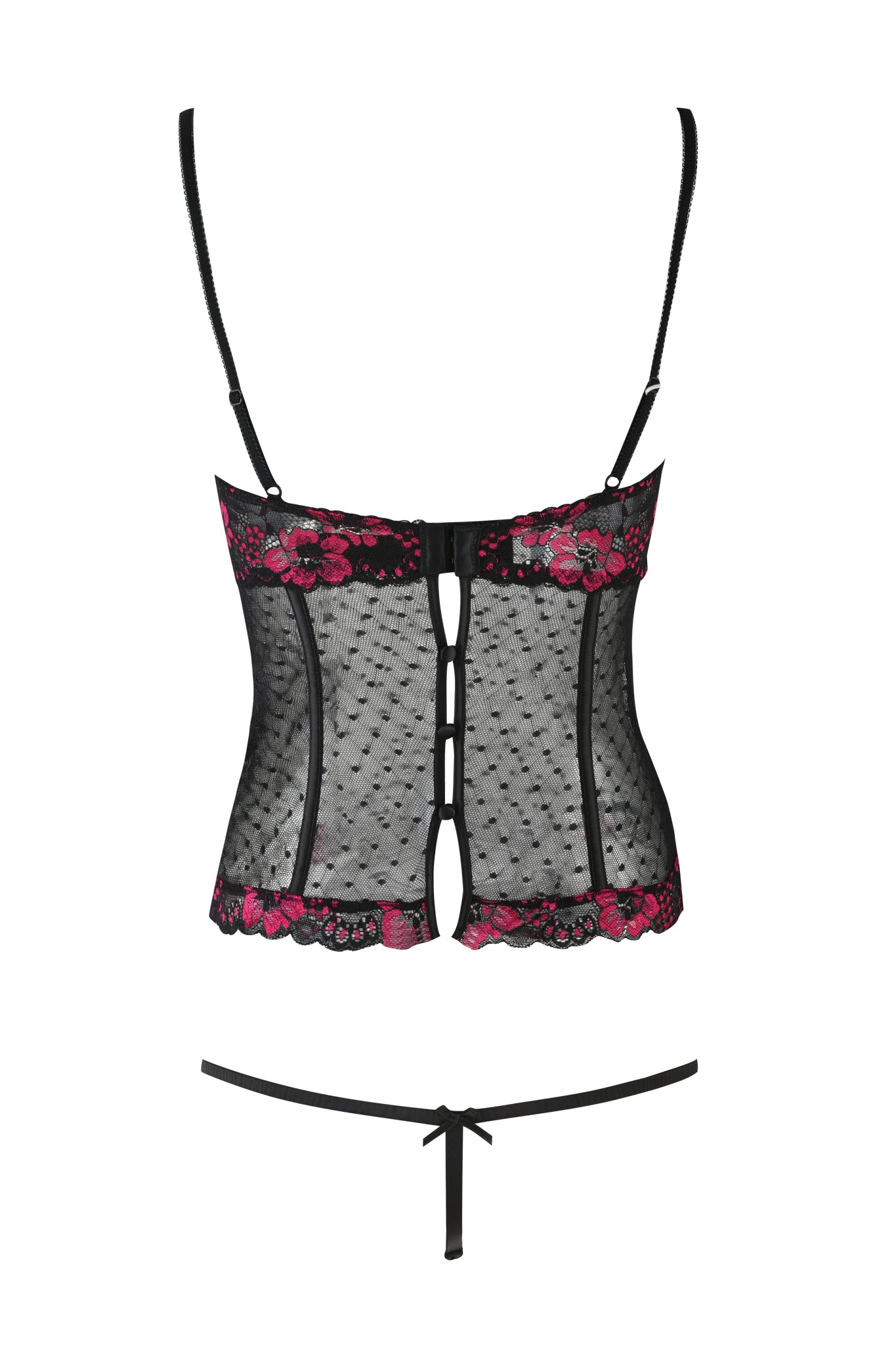 The AMBROSE BUSTIER SET by I.AM.GIA includes a black lace corset with pink floral embroidery and a matching low-rise g-string. It features thin straps, hook-and-eye back closures, and intricate lace detailing for a vintage cami set look.