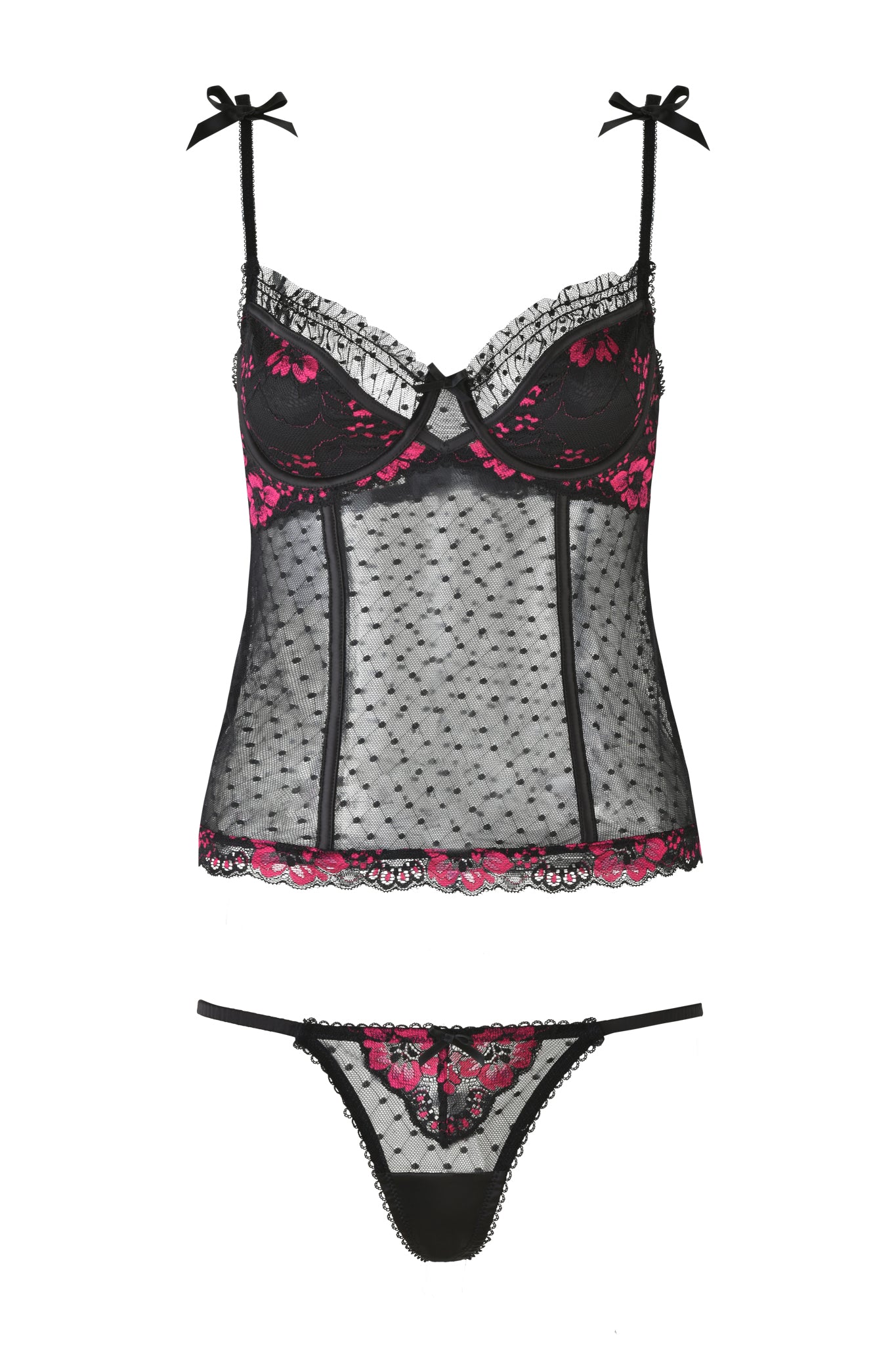 The AMBROSE BUSTIER SET - BLACK by I.AM.GIA includes a sheer black lace camisole with pink floral embroidery and matching low-rise g-string. The vintage design features thin straps with bows and lace trim, offering an elegant and feminine look.