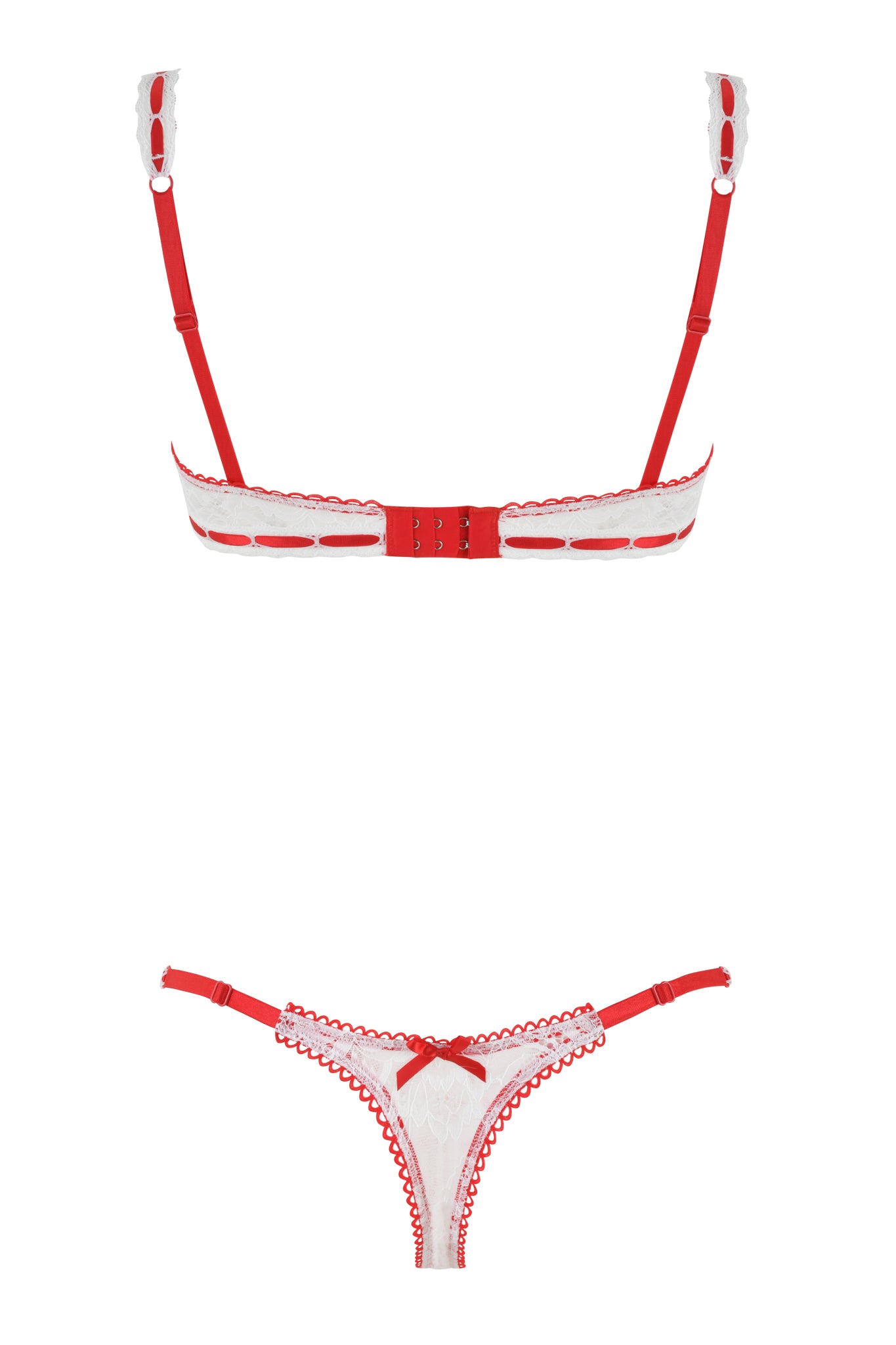 The ROMY 2 PIECE SET - WHITE : HEARTBEAT by I.AM.GIA includes a heart tulle bra with adjustable straps, white cups with red detailing, back closure, and a thong with a red waistband, trim, and front bow.