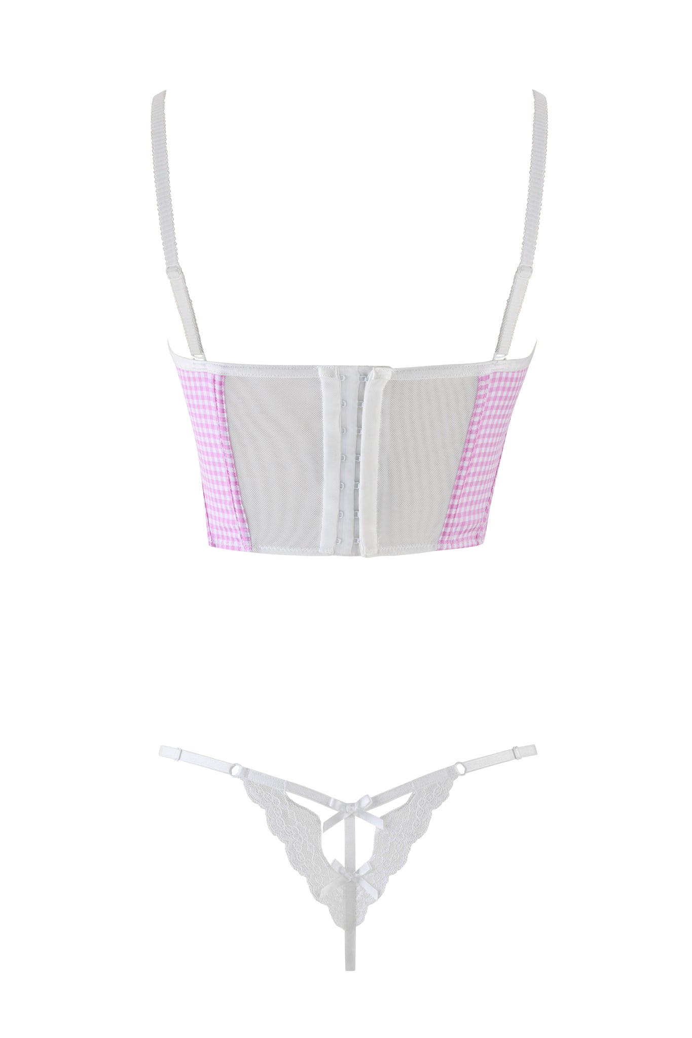 The I.AM.GIA JENNY 2.0 Bustier Set in Pink Gingham includes a corset-style bustier with light pink gingham shirting panels and adjustable straps, paired with a delicate lace thong featuring lace trimming, thin straps, and a front bow detail.