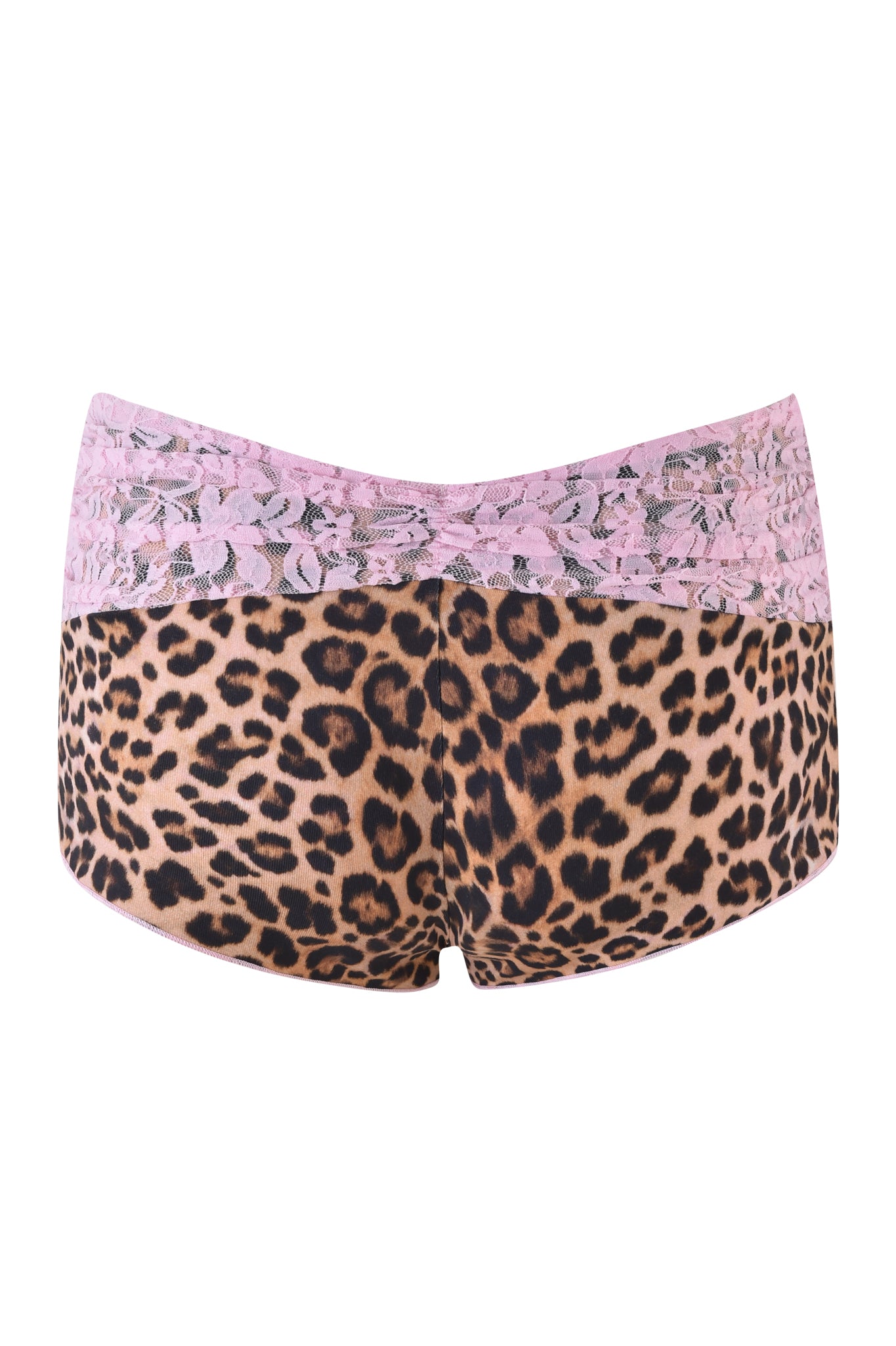 The I.AM.GIA KENDRA SHORT - NEUTRAL: LEOPARD features a low-rise waist with leopard print and a pink lace waistband, displayed from the back.