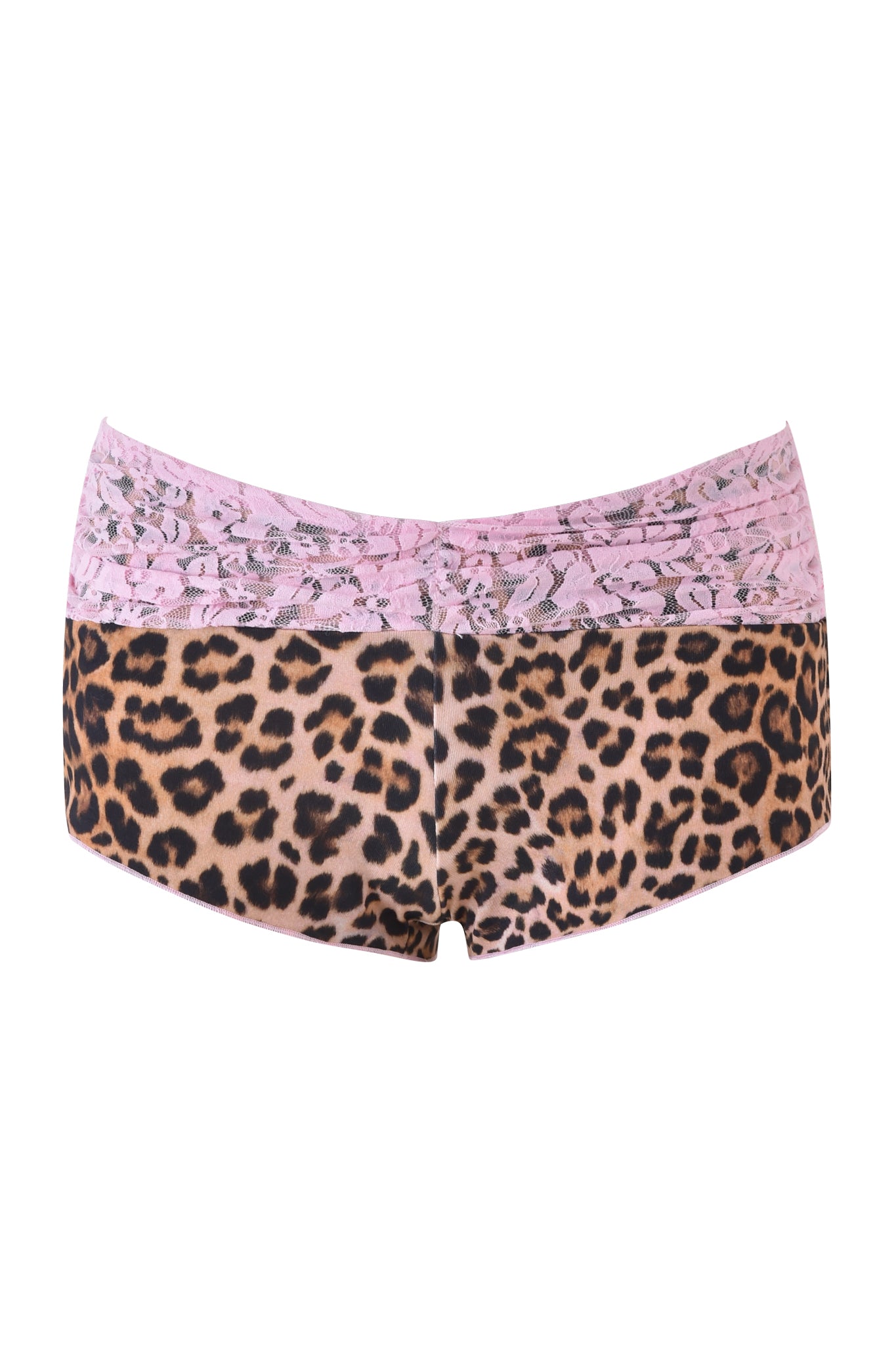 I.AM.GIA's KENDRA SHORT - NEUTRAL: LEOPARD features a low-rise waist with a pink floral lace waistband. These bodycon shorts combine playful elegance and flair with their bold brown and black leopard print.