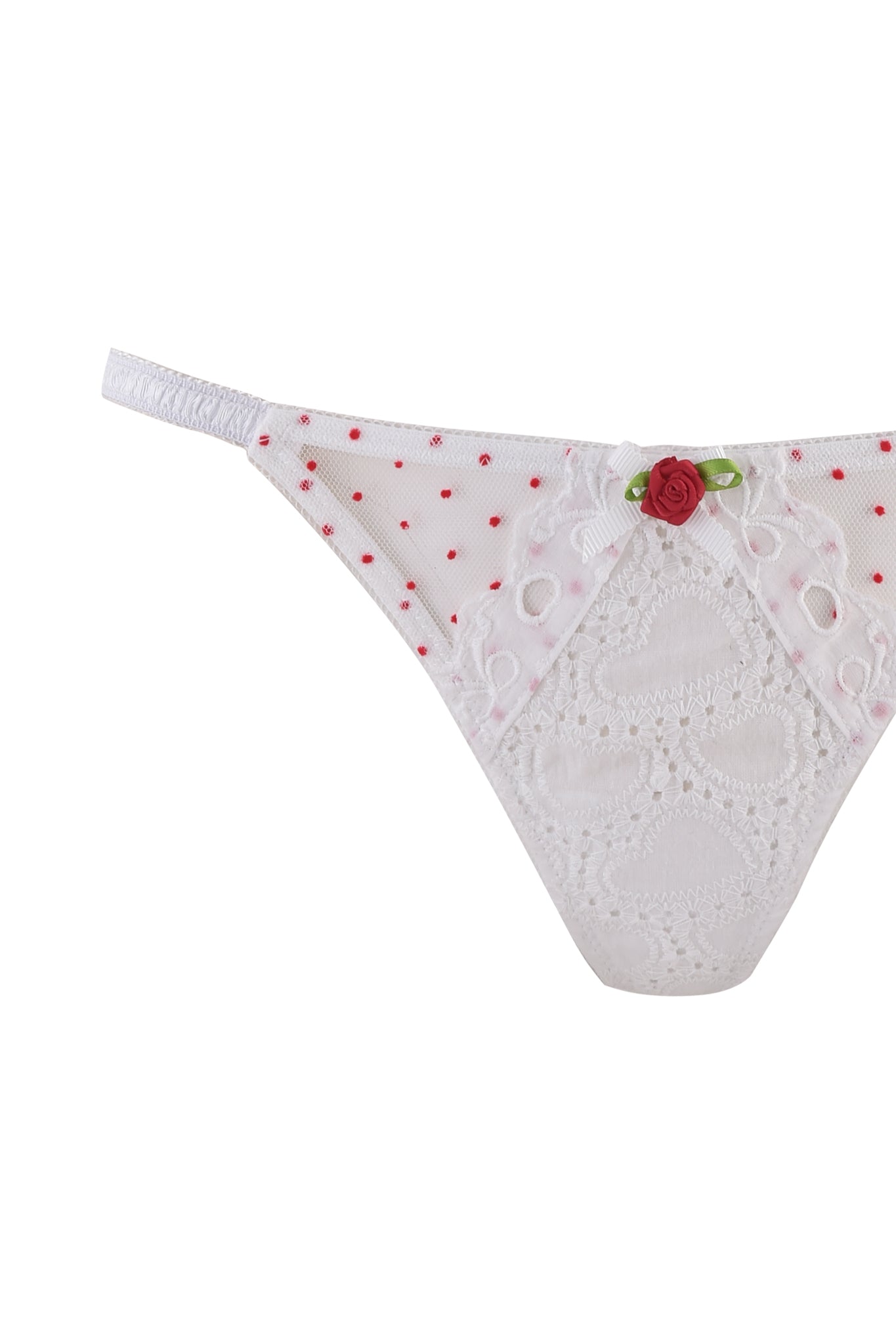 The CHRISSY SET - WHITE by I.AM.GIA features a white lace thong with red polka dots, accented with a red rose and green ribbon at the front. Pair it with the matching embroidered cotton bra for a stylish, coordinated look.