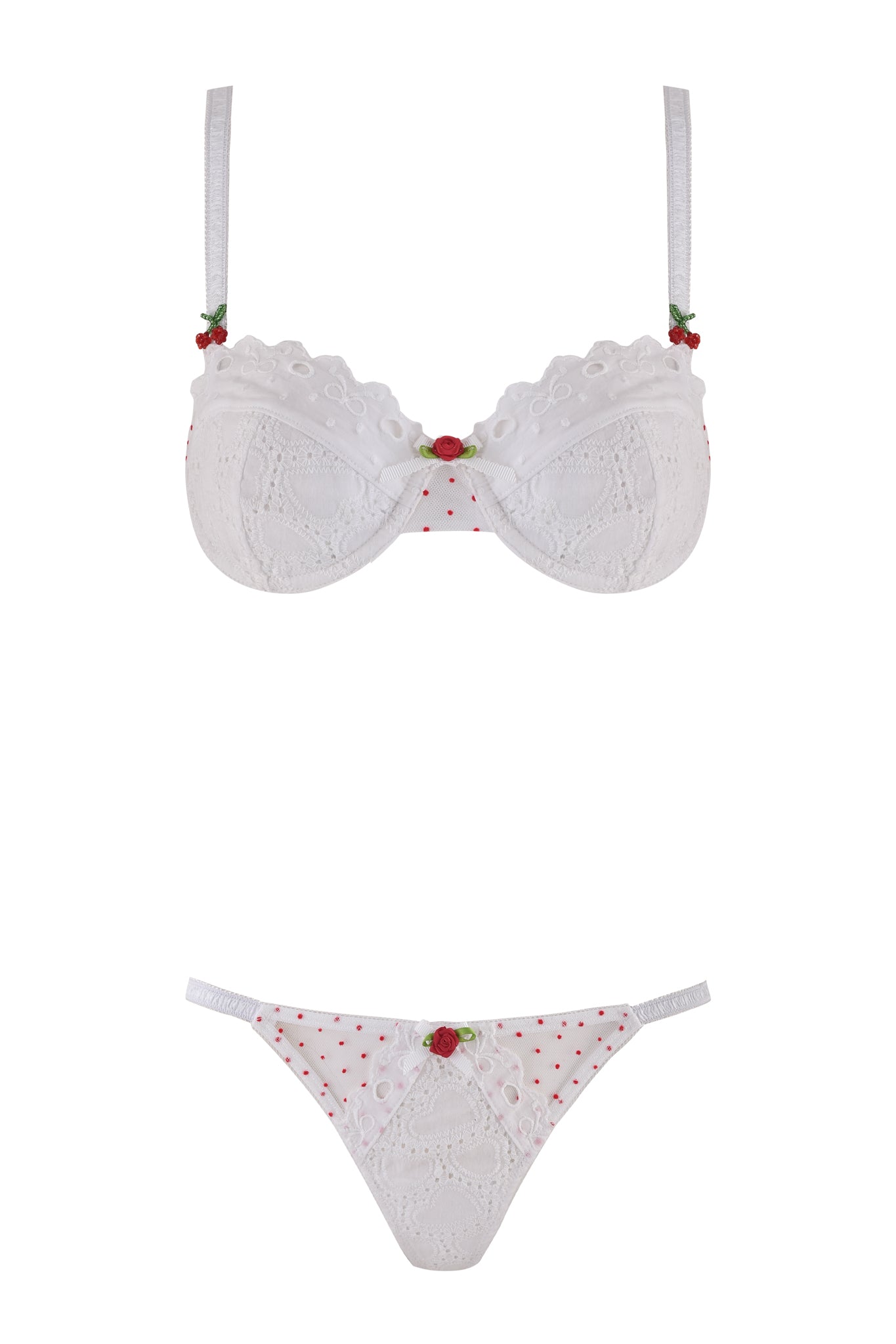 The CHRISSY SET - WHITE by I.AM.GIA showcases an underwire bra with adjustable straps, red rose accents, and lace details, paired with matching polka dot panties—all elegantly displayed on a white background.