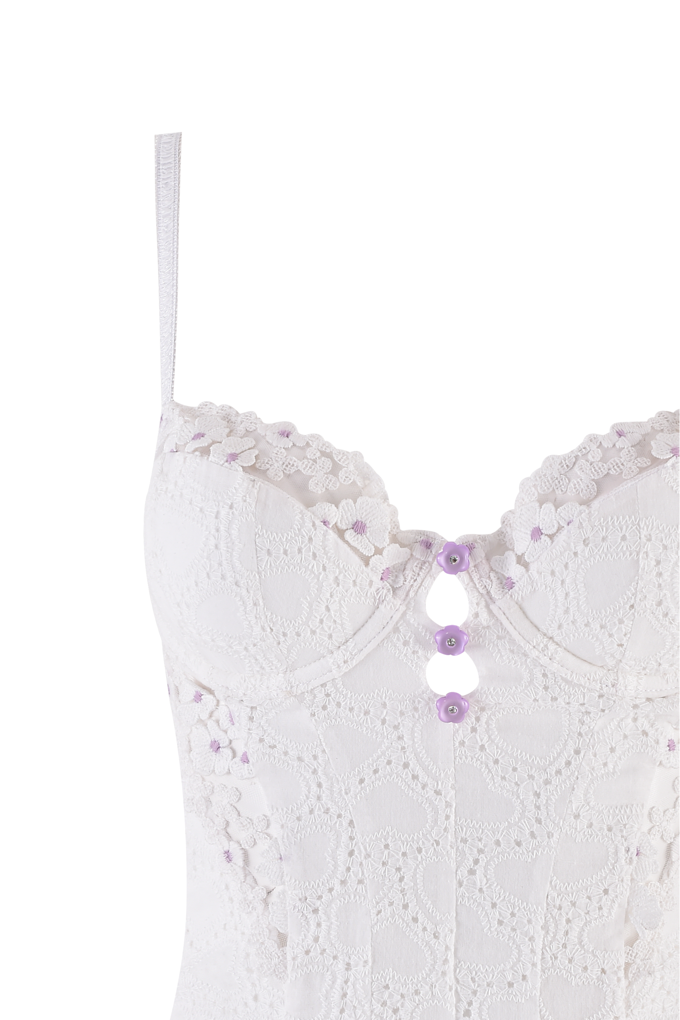 The ELLA BUSTIER SET - WHITE by I.AM.GIA features heart-shaped embroidery, purple front buttons, and delicate flower accents along the sweetheart neckline and straps for a romantic lingerie style.