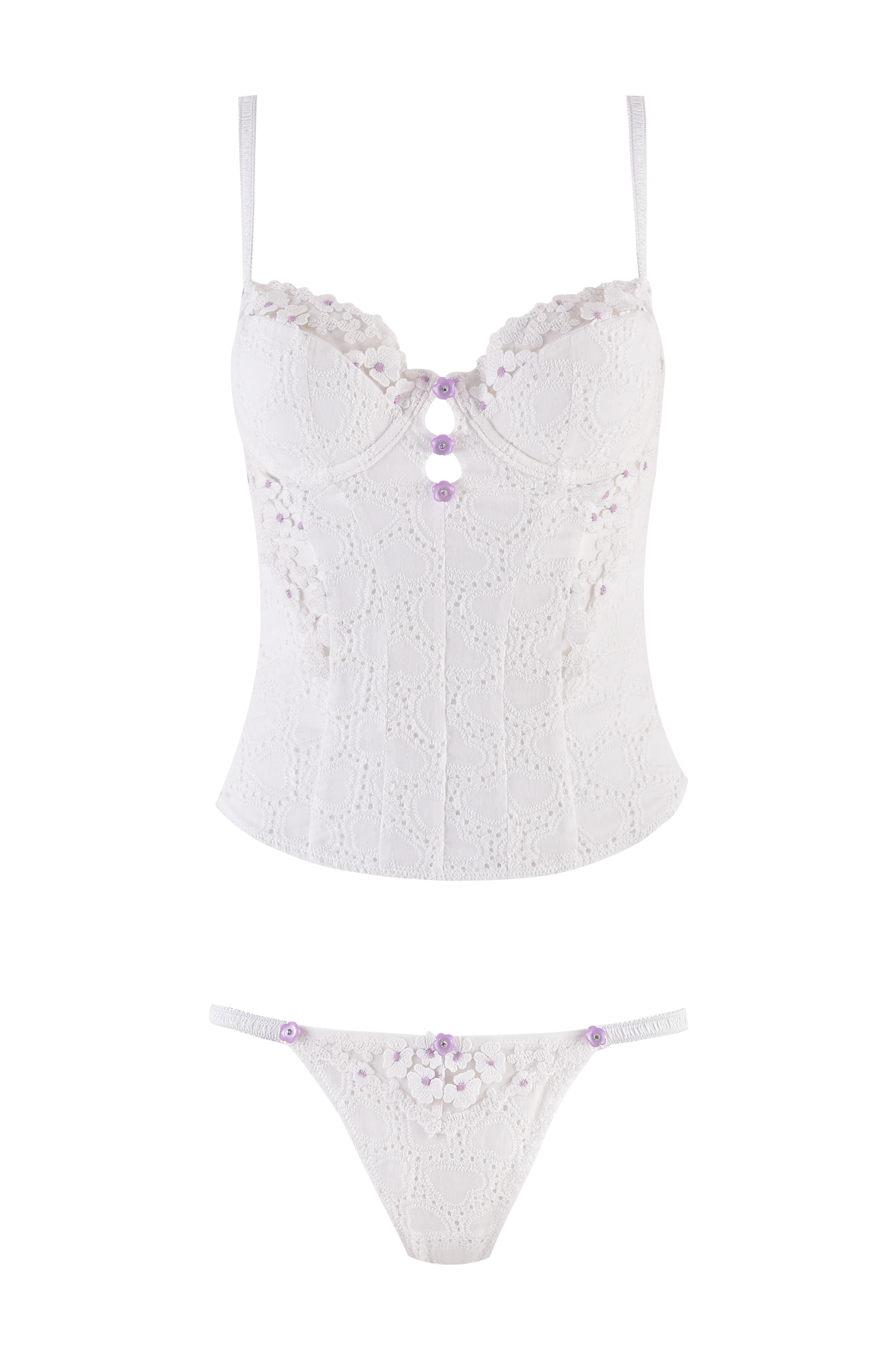 The ELLA BUSTIER SET - WHITE by I.AM.GIA features a white lace embroidered bustier and matching thong with floral tulle patterns and lavender button details, displayed on a clear background.
