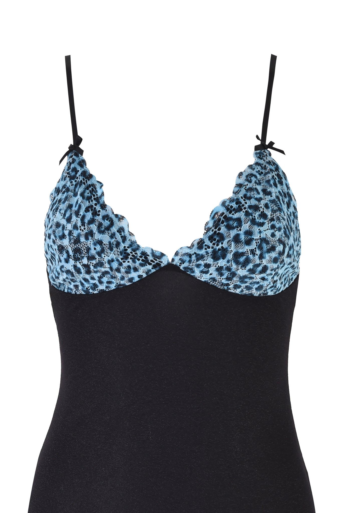 The I.AM.GIA SAHARA SLIP DRESS - BLACK is a vintage-inspired slip dress with thin straps and black leopard lace detail on the bust, set against a black background.