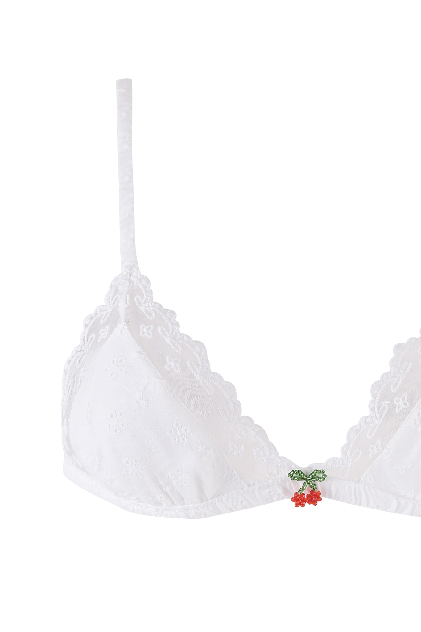 The JUNIE SHORT SET - WHITE by I.AM.GIA features a white lace bralette with thin straps, an embroidered eyelet design, and a small beaded cherry embellishment at the center front.