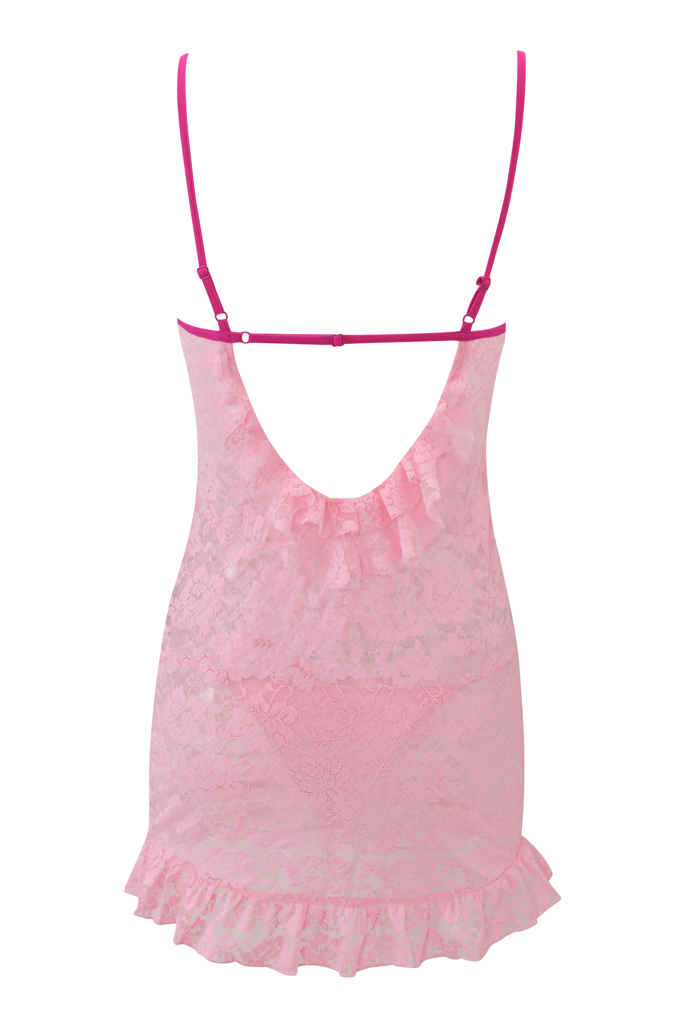 The DOTTIE SLIP DRESS - PINK by I.AM.GIA features a sheer baby pink design with thin adjustable straps, ruffled trim at the neckline and hem, and an open back.