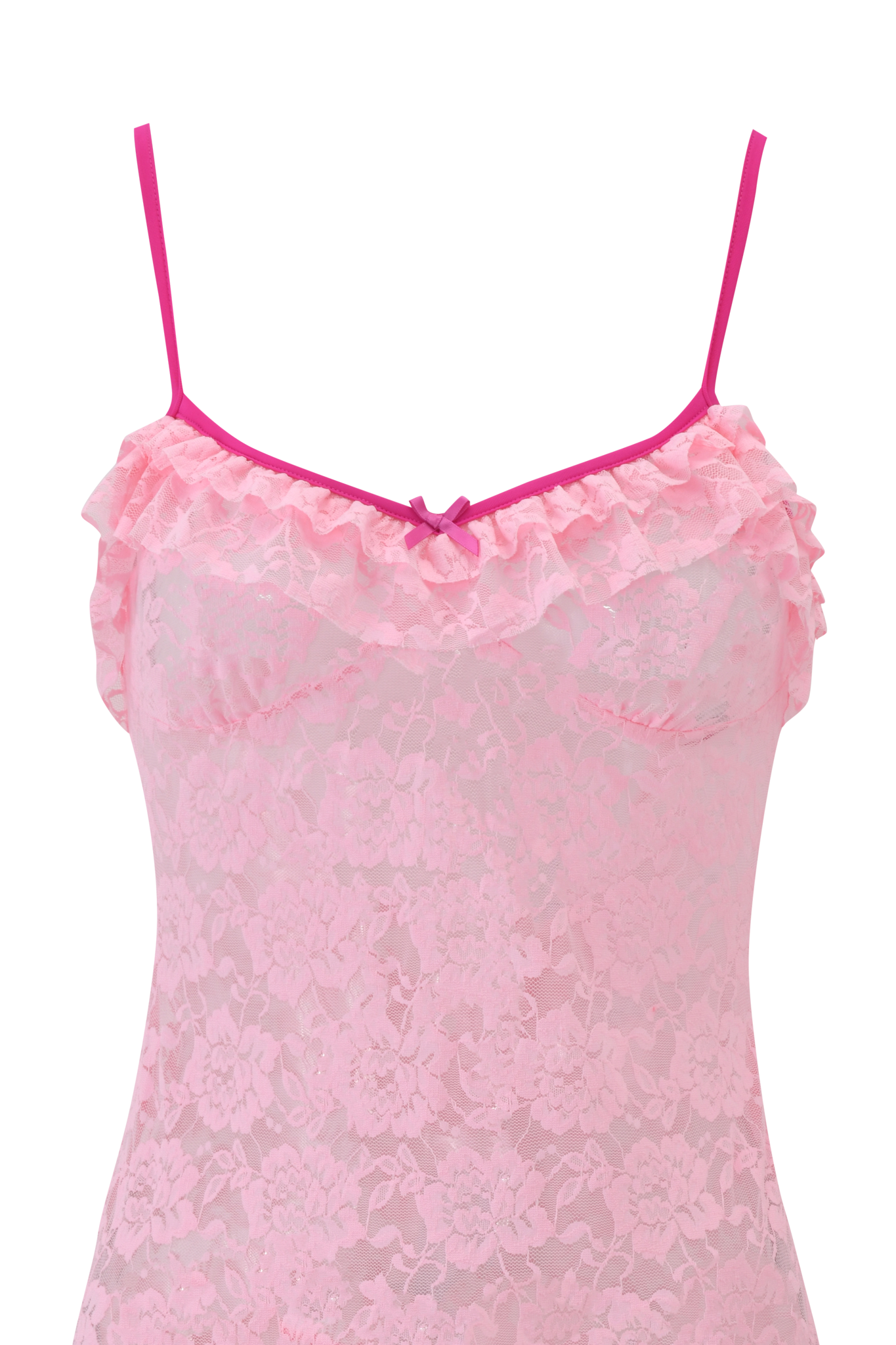 The DOTTIE SLIP DRESS - PINK by I.AM.GIA is a sheer baby pink slip dress with thin straps, ruffled neckline trim, and a center bow. Made of stretch lace, it features an all-over delicate floral pattern.