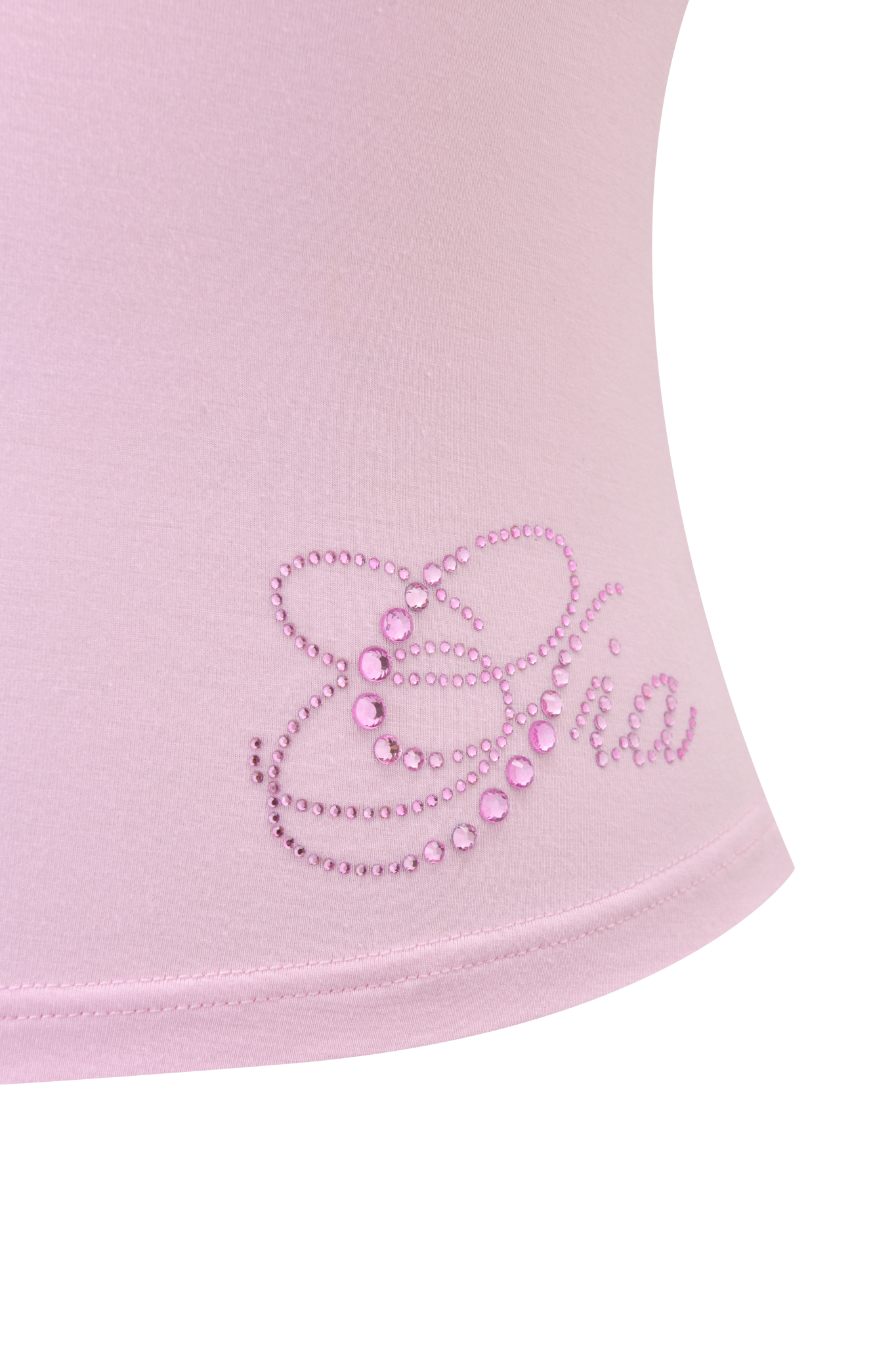 The MELANIE CAMI - PINK by I.AM.GIA is a light pink bamboo tank with an adjustable bust and the "Gia" name in small pink rhinestones with a swirl design near the hem.