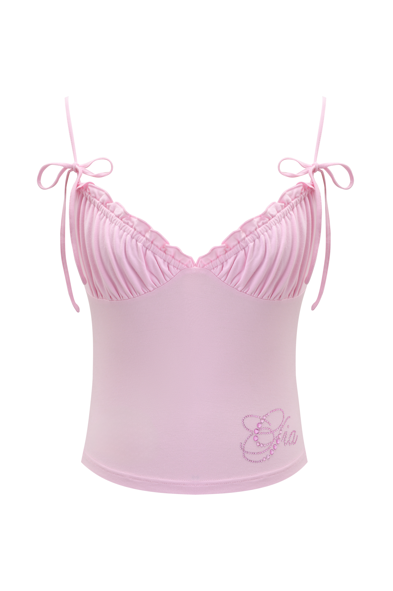 The MELANIE CAMI by I.AM.GIA is a light pink, sleeveless, bodycon fit camisole with ruched cups, thin shoulder straps tied in bows, and "ECHA" rhinestone embroidery near the left bottom hem.