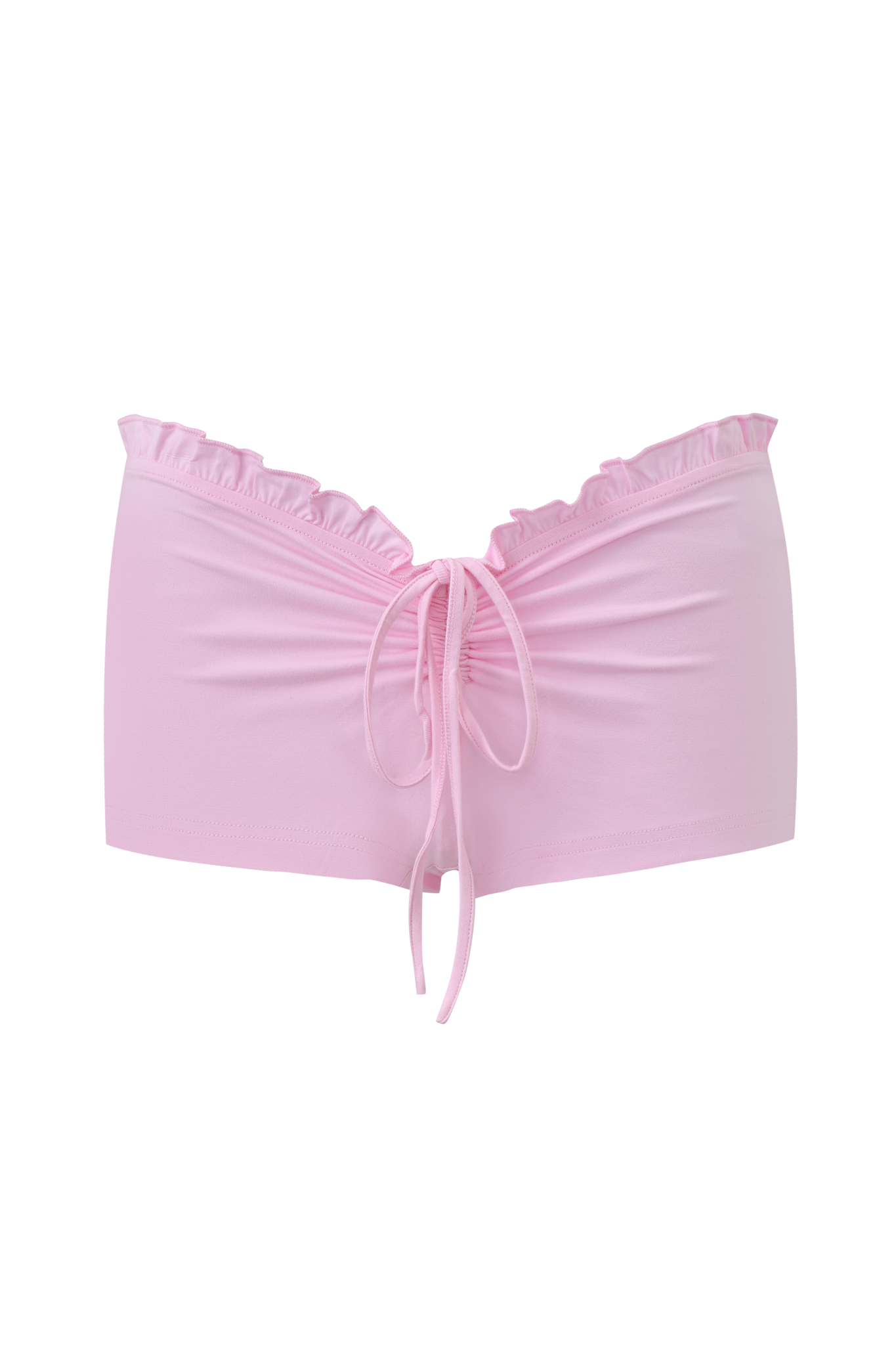 The MELANIE SHORT - PINK by I.AM.GIA is a light pink women's underwear in soft, stretchy bamboo jersey, featuring a ruffled waistband, center bow tie with cut-out, and semi-sheer finish for an elegant touch.