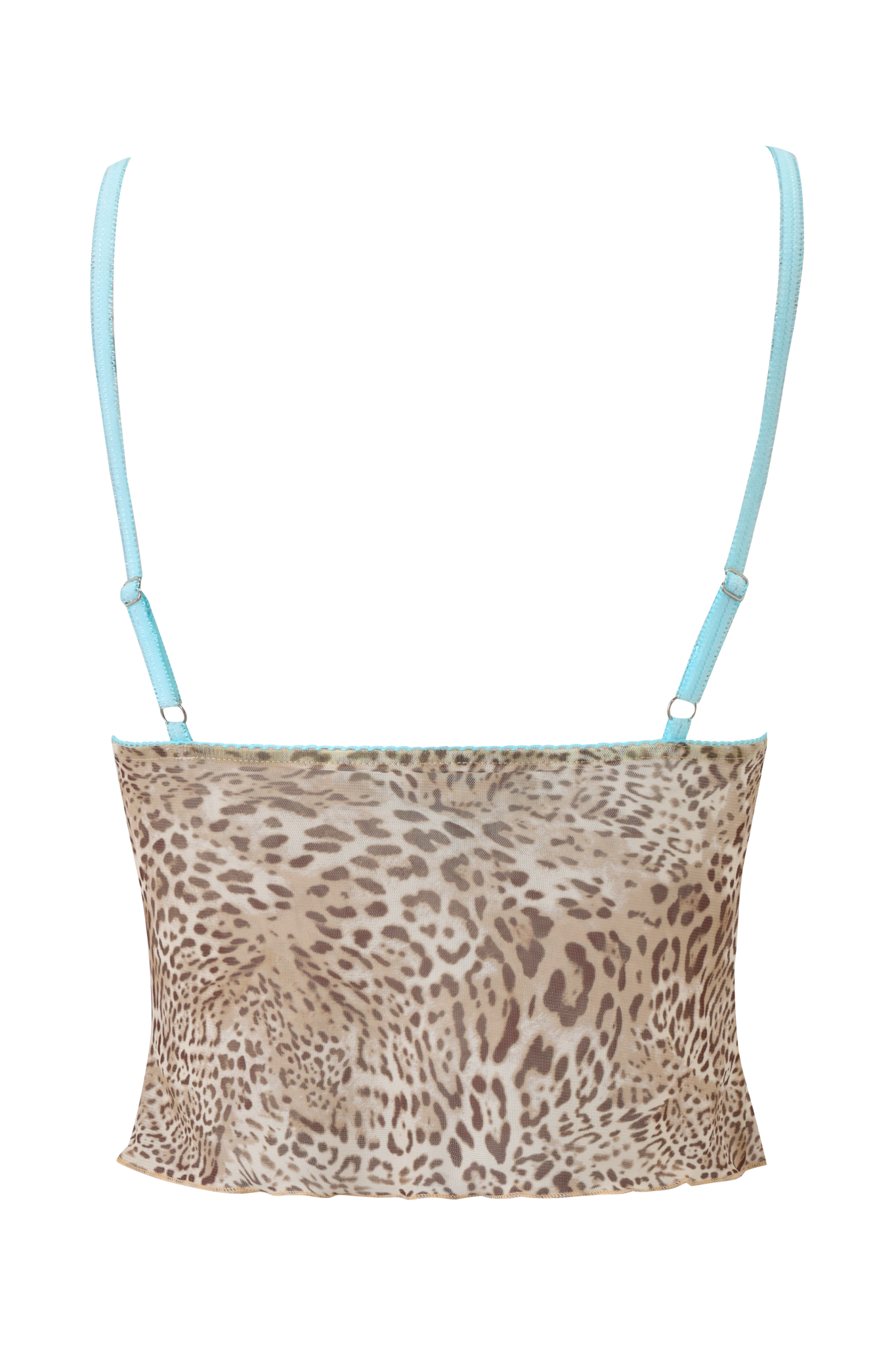 The TASHA TOP - LEOPARD LIMBO by I.AM.GIA is a cropped cami with a beige and brown leopard mesh, light blue adjustable straps, and aqua lace trimmings for a playful look.