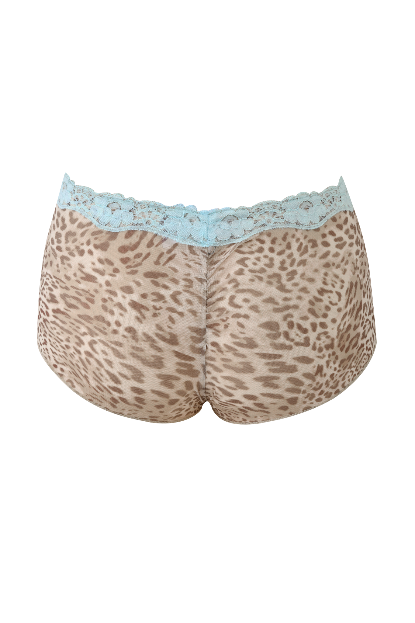 TASHA SHORT - LEOPARD LIMBO by I.AM.GIA features a micro mini leopard print design, mesh fabric, and aqua blue lace trim at the waistband, shown against a plain background.