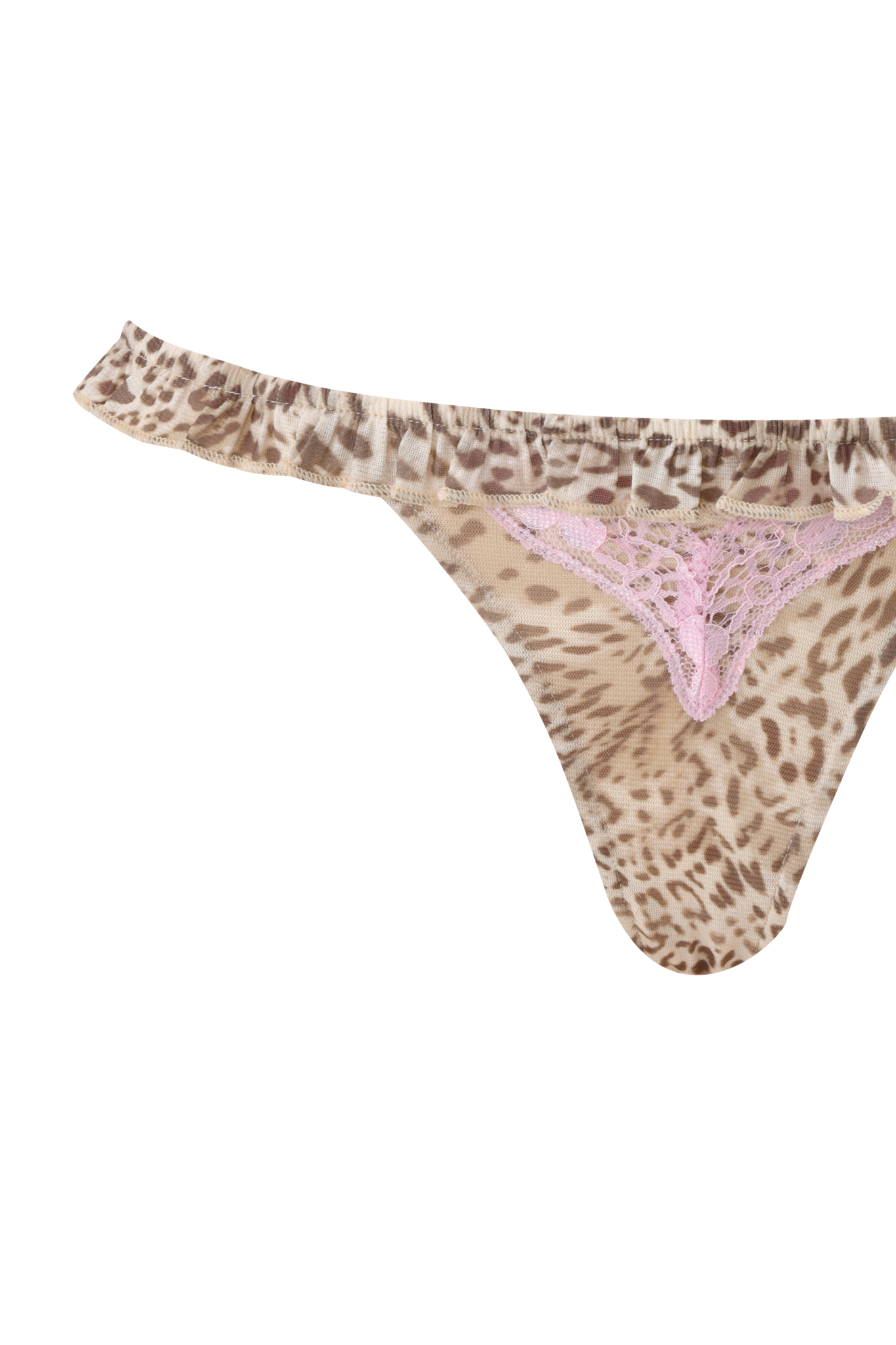 The MAXINE CAMI SET - LEOPARD LIMBO by I.AM.GIA features leopard print lace with light pink trims and a frilled waistband, shown against a plain background.