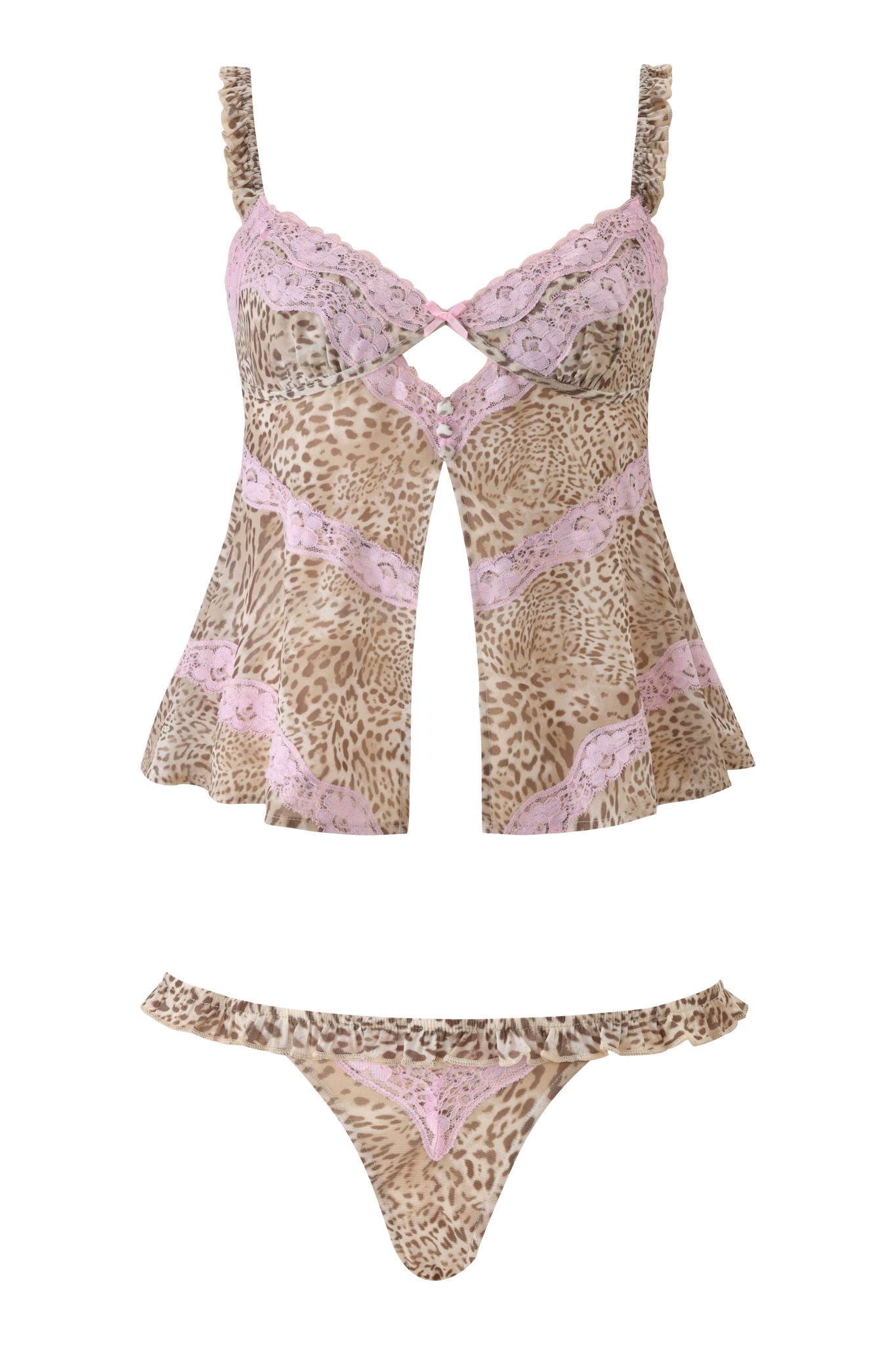 The MAXINE CAMI SET - LEOPARD LIMBO by I.AM.GIA is a two-piece lingerie set with a leopard print cami featuring thin straps, pink lace trims, a front cutout, and matching panties with delicate pink lace accents.
