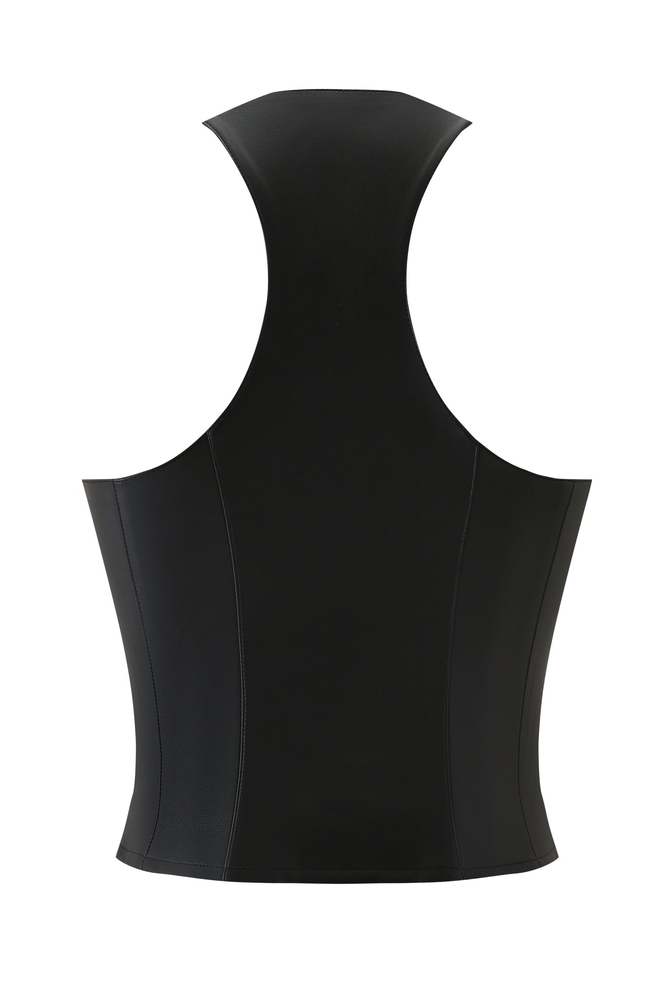 The I.AM.GIA SIBARI CORSET TOP in black is a sleeveless faux leather vest with a high collar and fitted, tailored seams for a structured look, shown from the back.