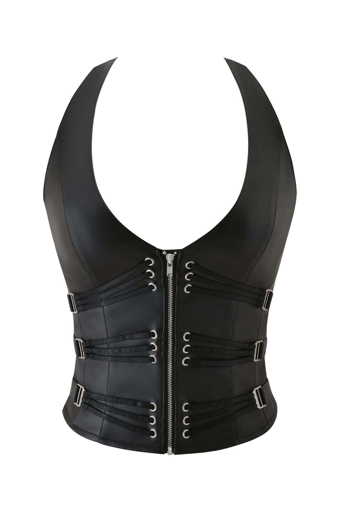 The SIBARI CORSET TOP - BLACK by I.AM.GIA features black faux leather, a deep scoop neckline, front zipper, decorative grommets, and three horizontal buckle straps on each side for an edgy, structured strappy corset style.