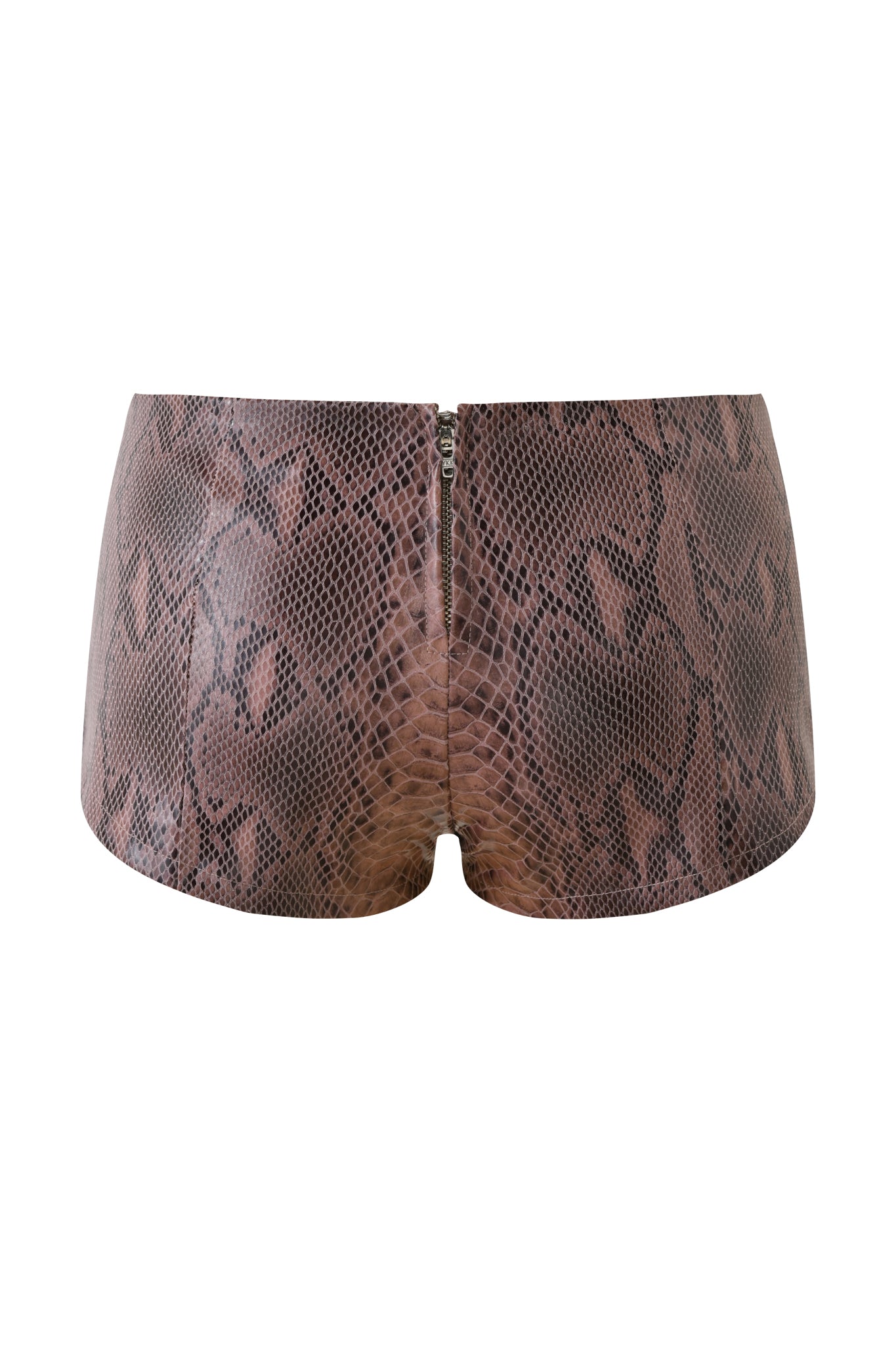The CINNA SHORT - SNAKESKIN by I.AM.GIA are high-waisted faux snakeskin shorts in a brown and black pattern with a visible center back zipper, shown against a white background.
